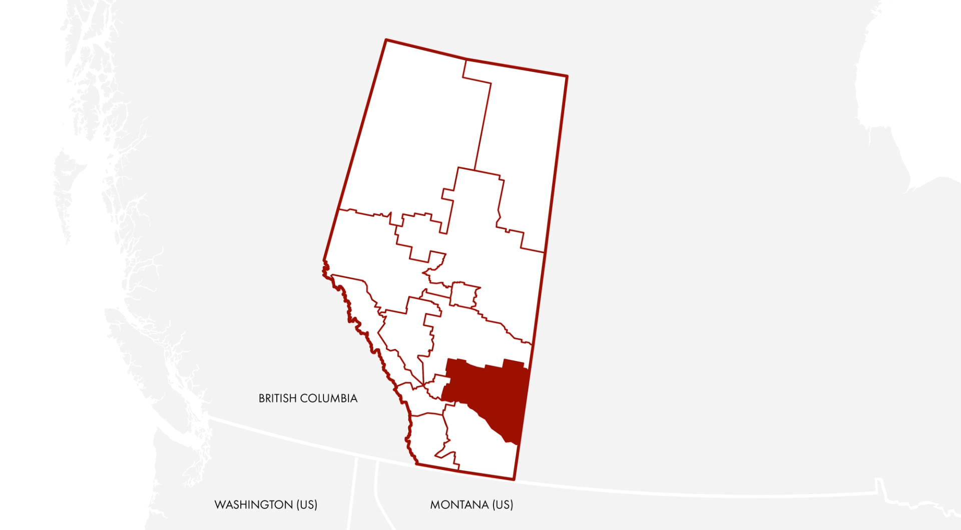 A graphic map of Alberta with the Canadian Badlands in the southeast shaded