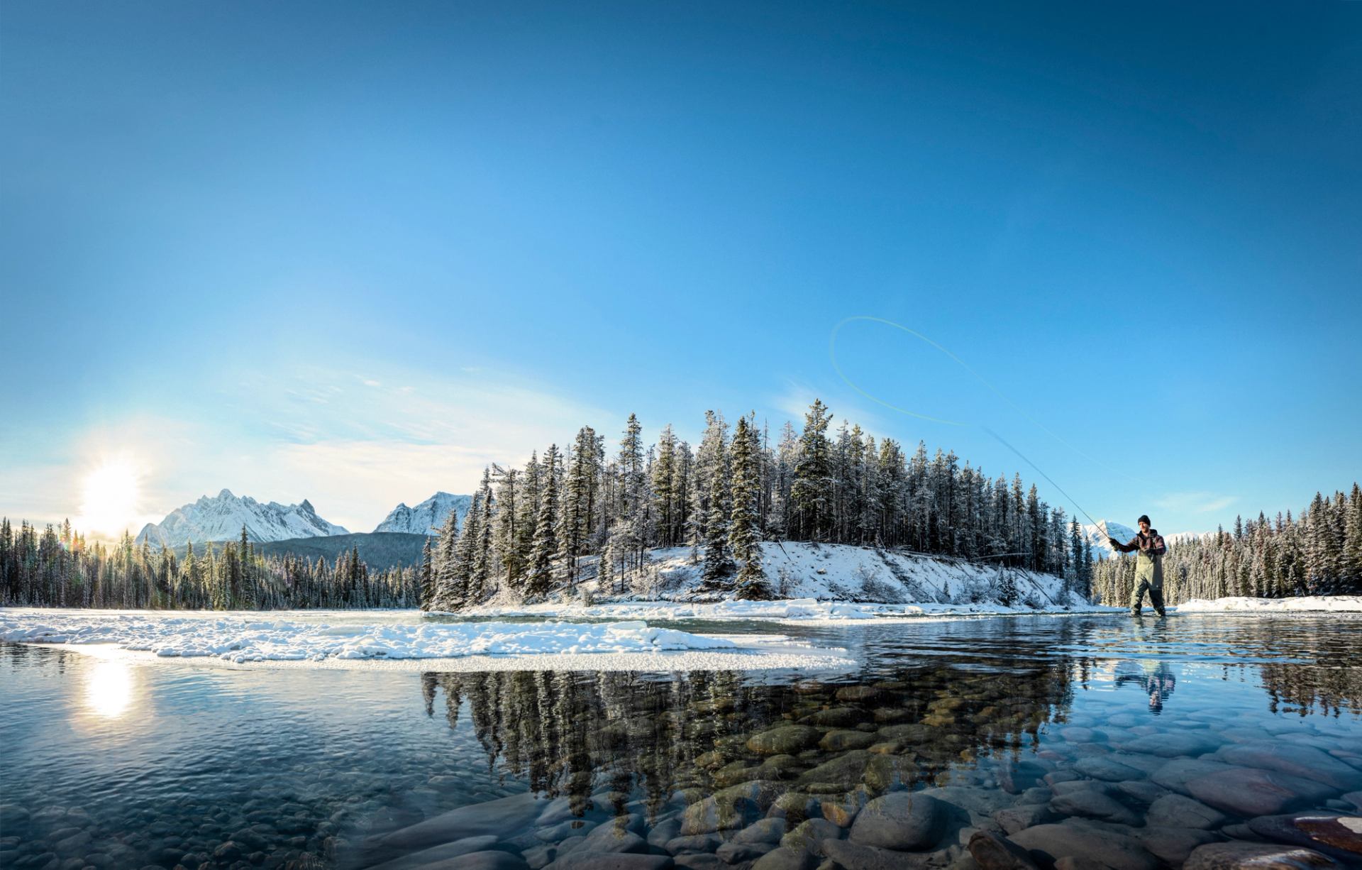 A person fly fishing in the Athabasca River in Jasper National Park.