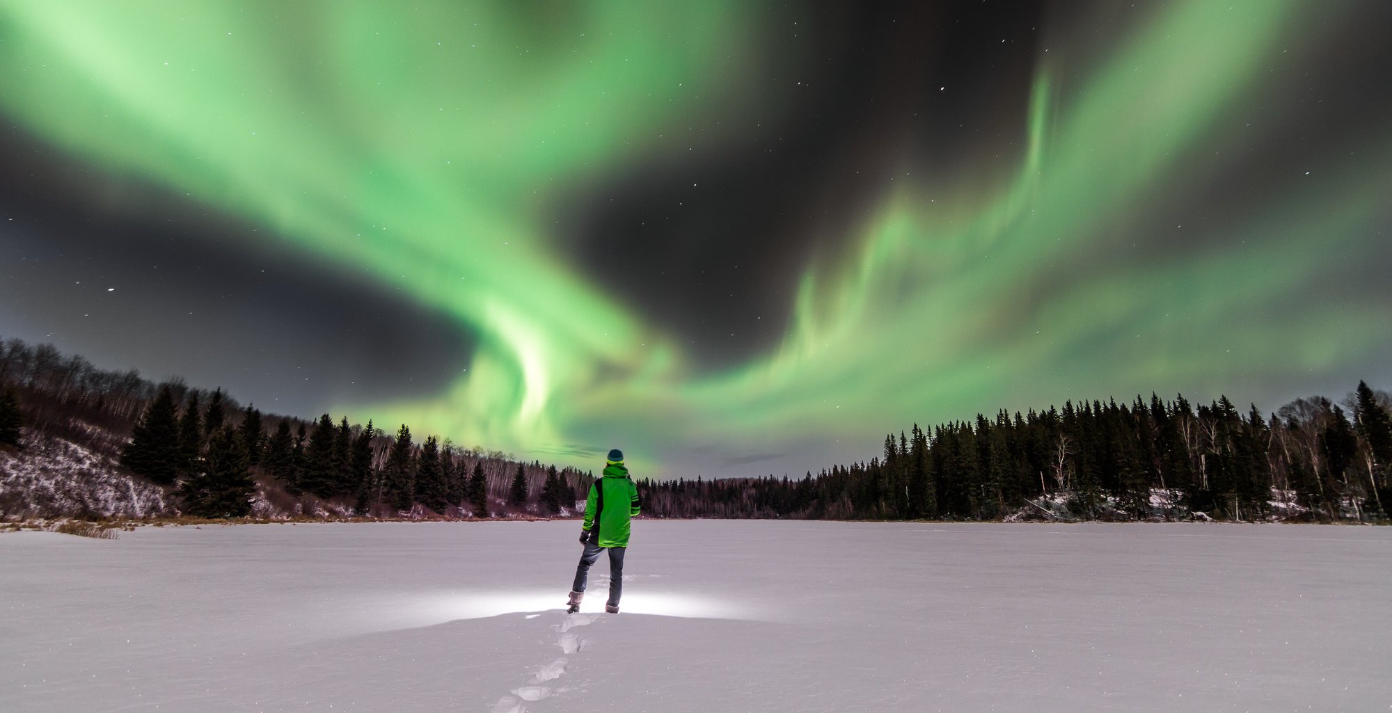 Person standing in a snowy field watching the northern lights in Cold Lake.