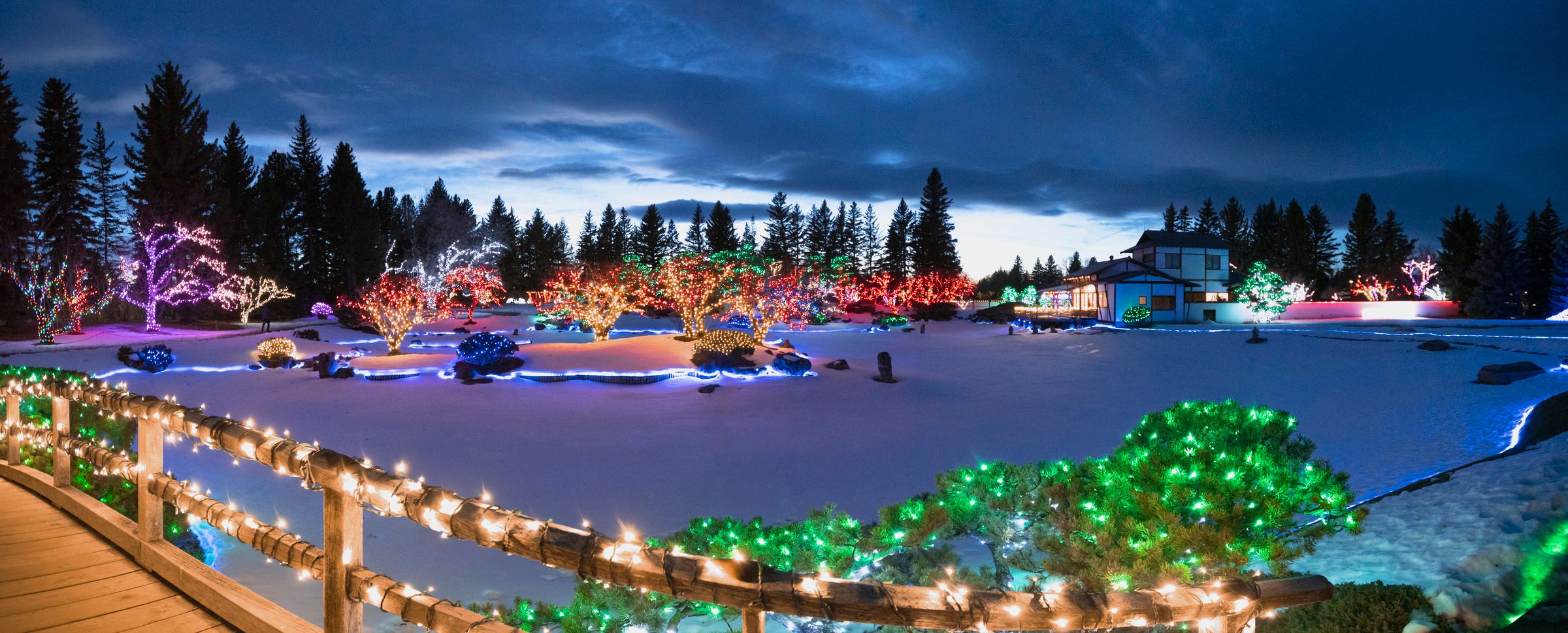 Nikka Yuko Japanese Garden in Lethbridge at night with colourful lights all around