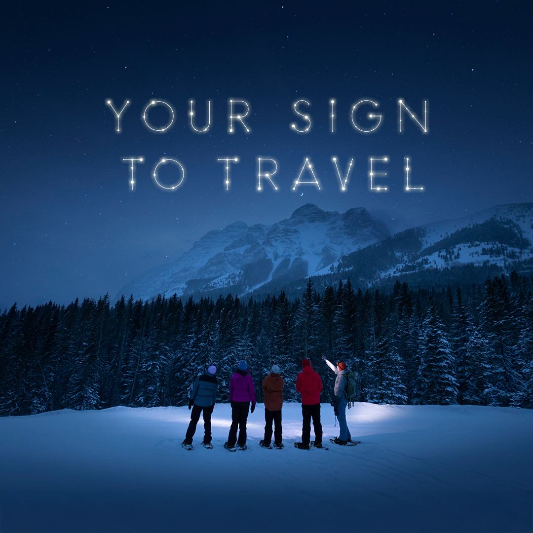Four friends and a guide in snowshoes looking up at the night sky featuring the forest, mountains and stars.