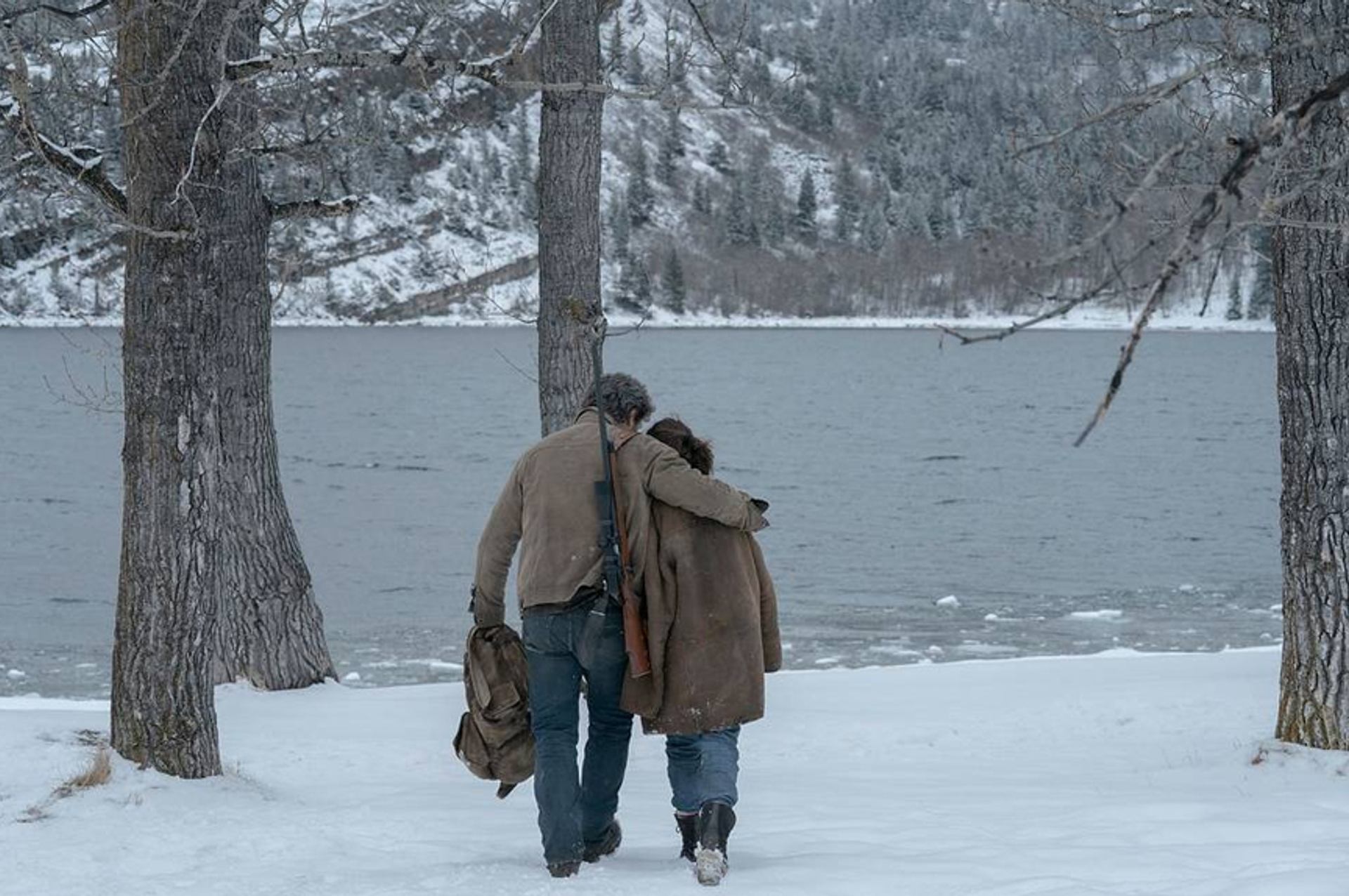 Pedro Pascal and Bella Ramsey walking in Waterton Lakes National Park