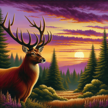 a painting of a deer with a sunset in the background