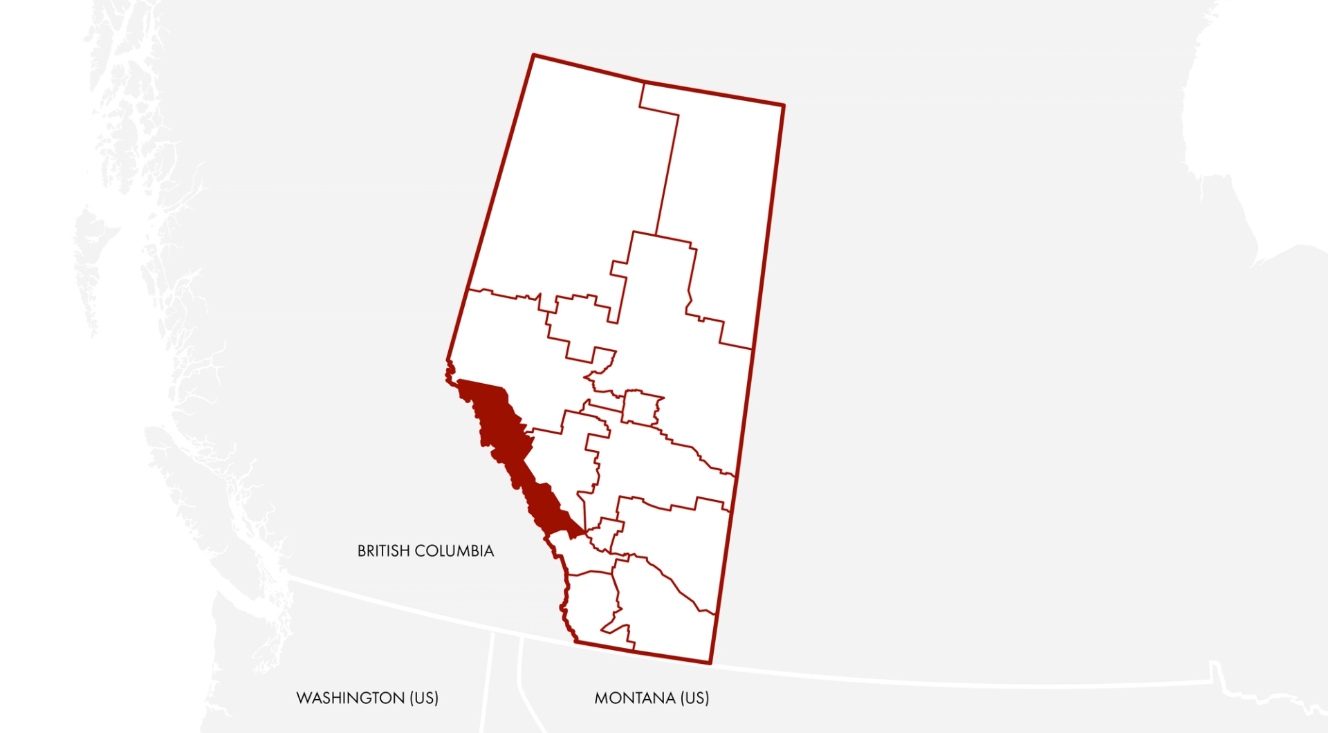 A graphic map of Alberta with the Canadian Rockies in the west shaded