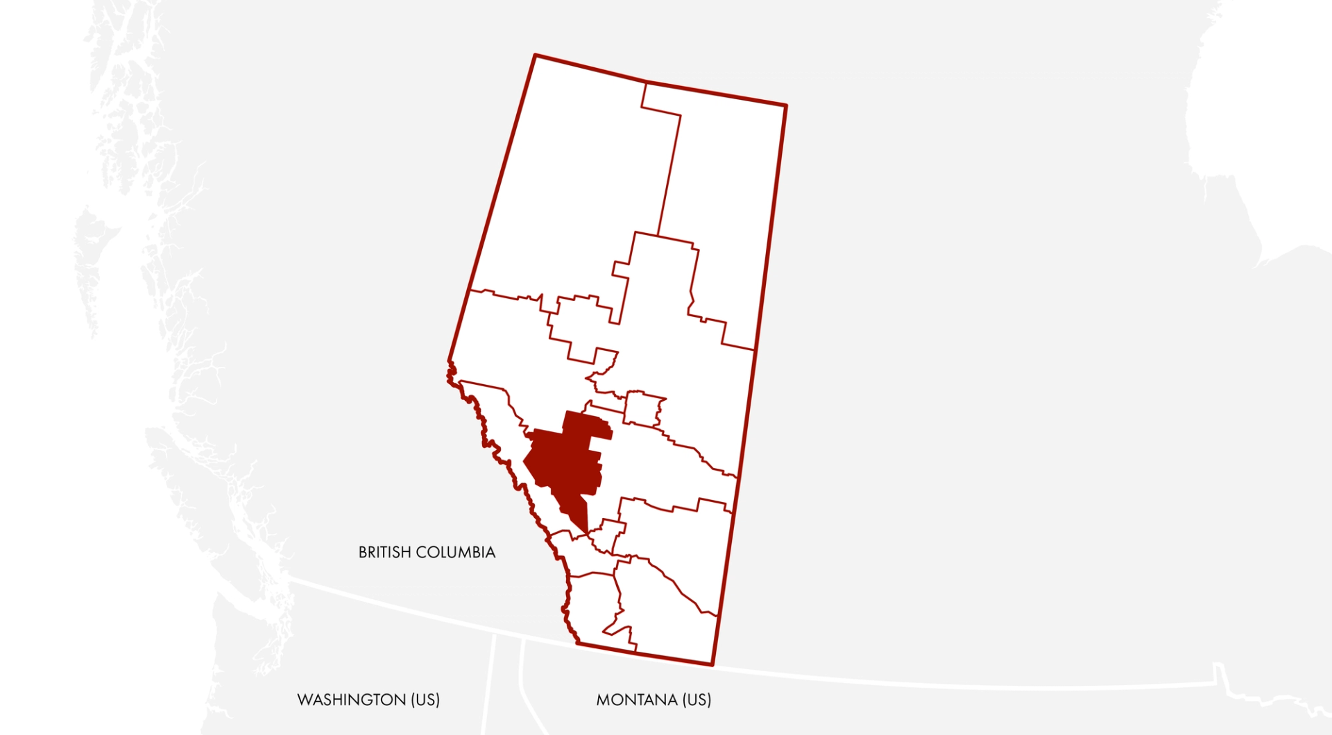 A graphic map of Alberta with West Country in the middle shaded