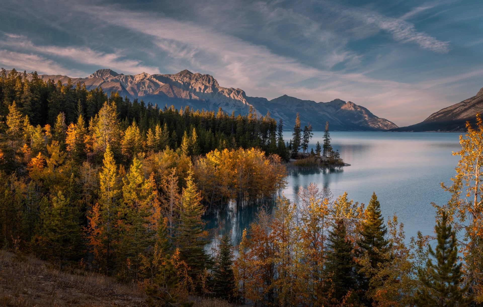 View of Abraham Lake and Mount Abraham in Alberta's Canadian Rockies at sunset