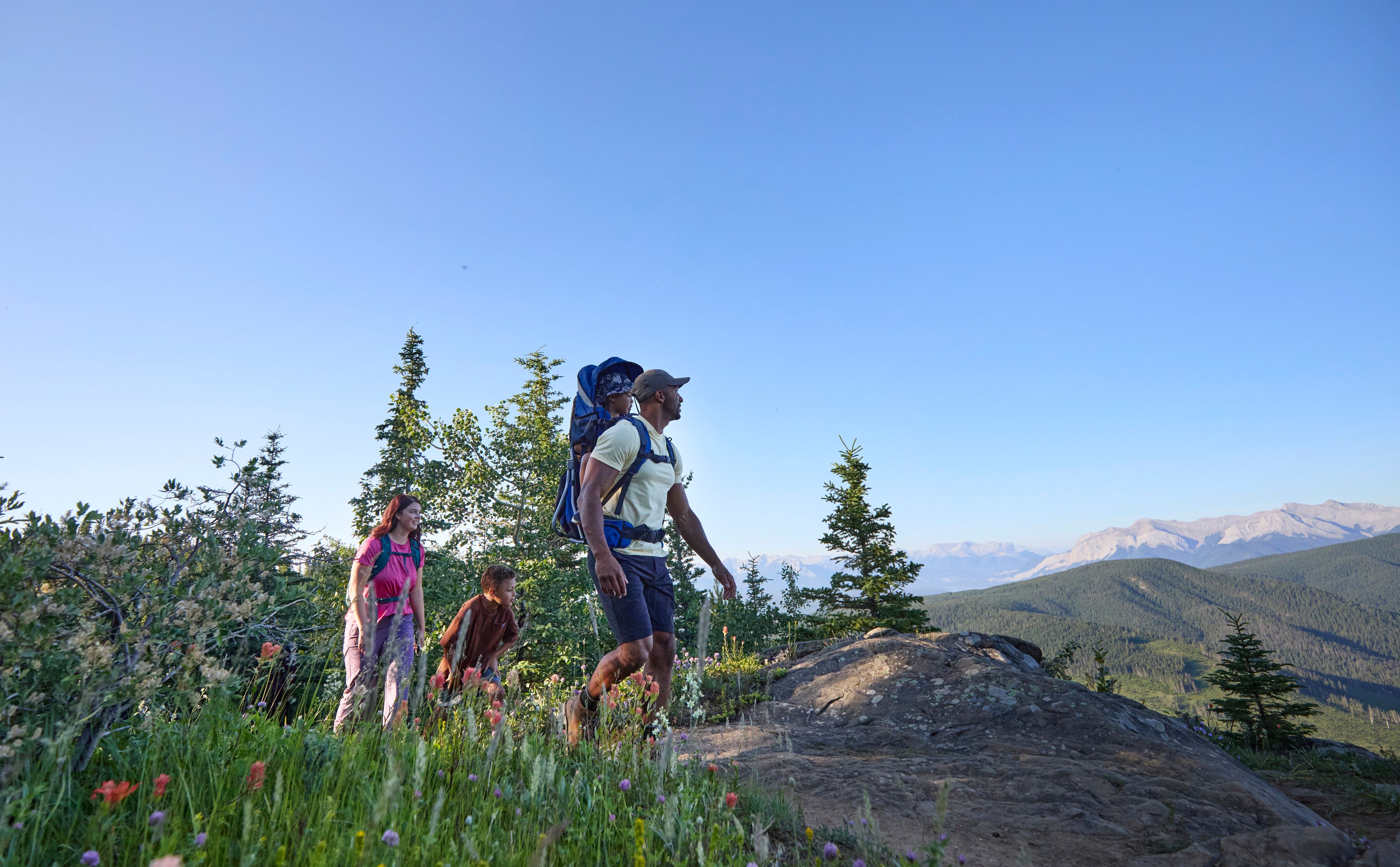 A family hikes past wildflowers in the mountains near Hinton, Alberta.