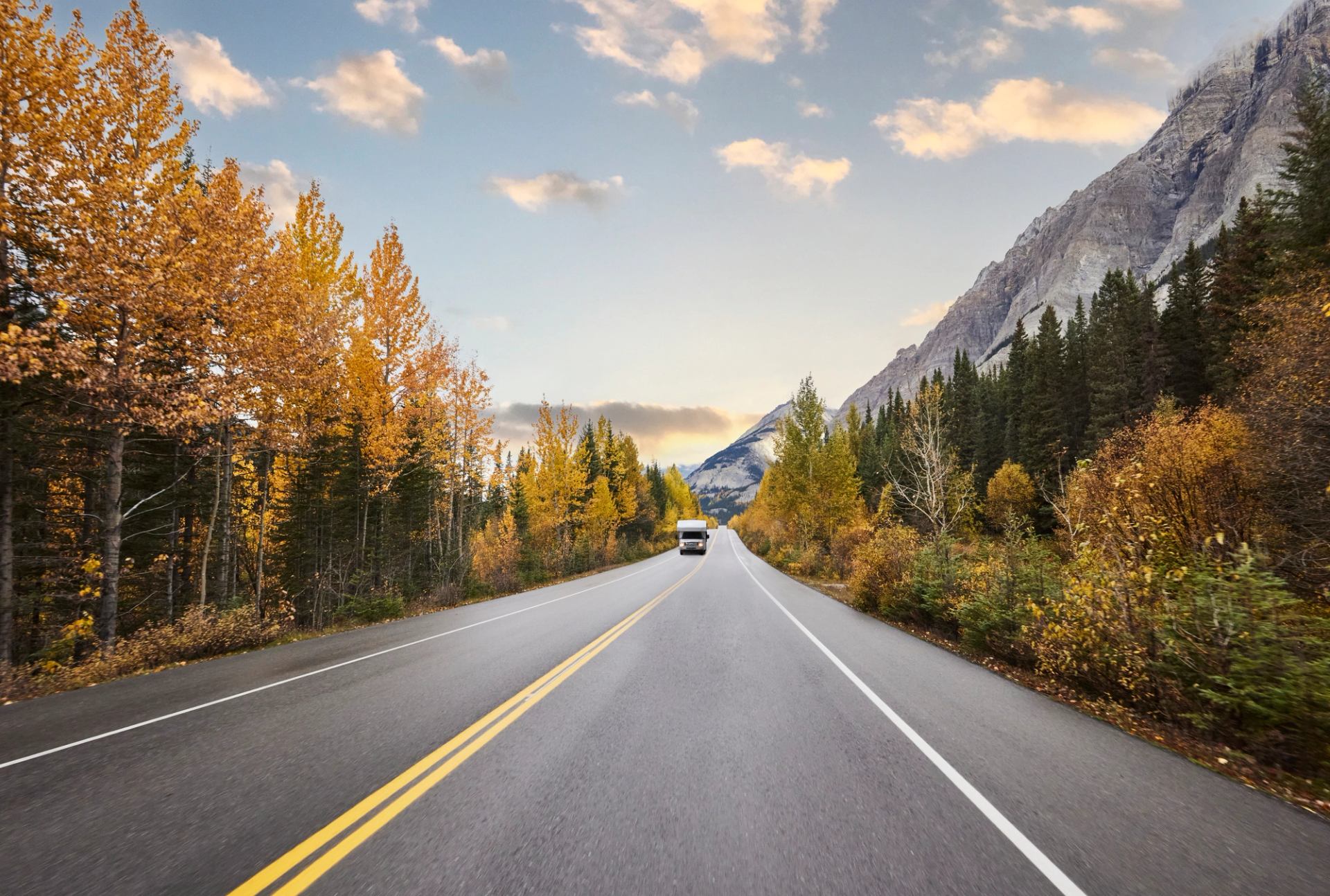 RV on road in the Icefields Parkway in Jasper National Park.