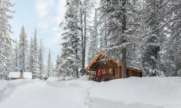 Storm Mountain Lodge in a snowy forest.