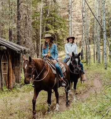 People ride horses past a wooden shed in the forest.