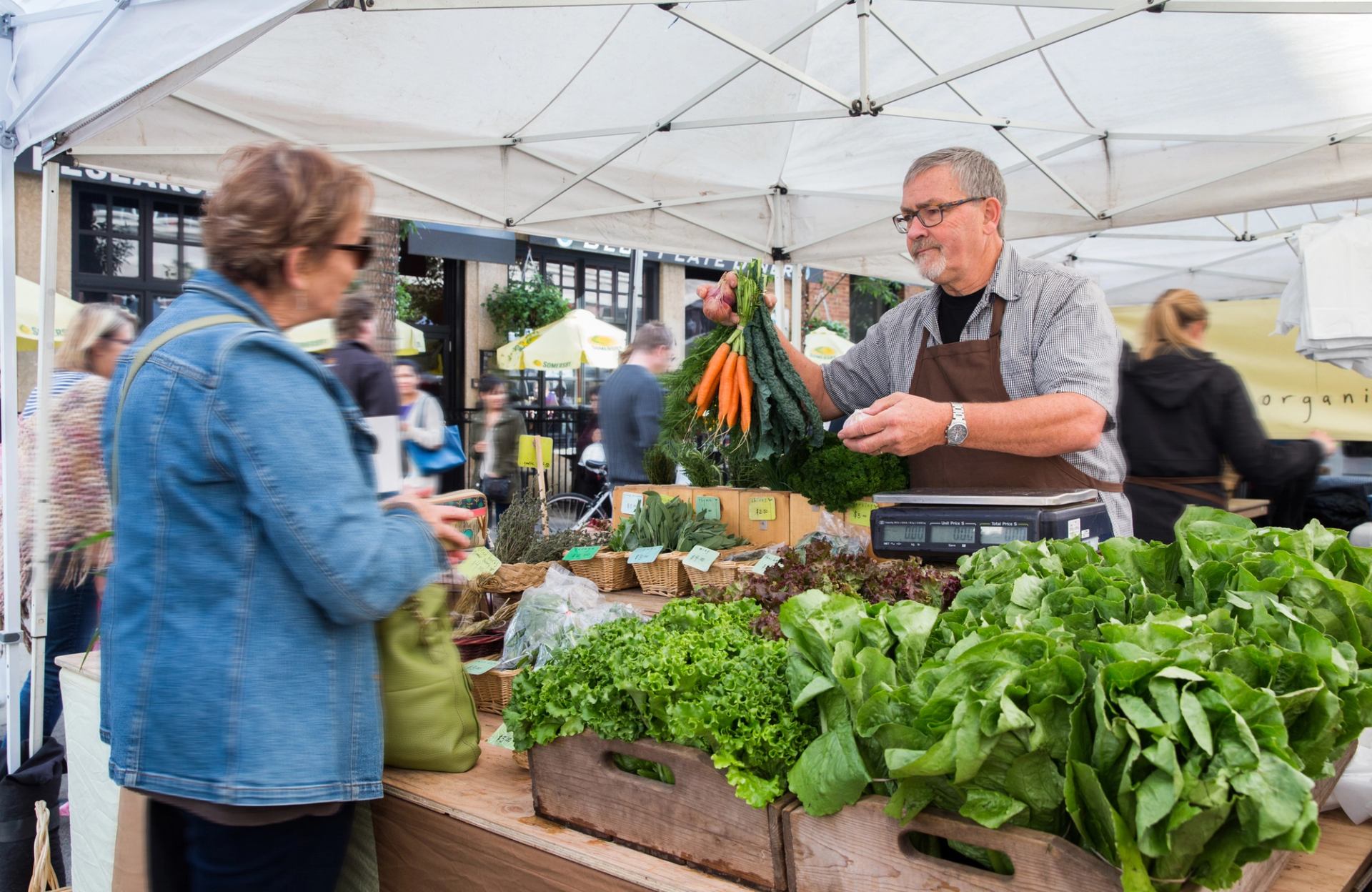 Vendor selling produce to a visitor at a farmer's market.