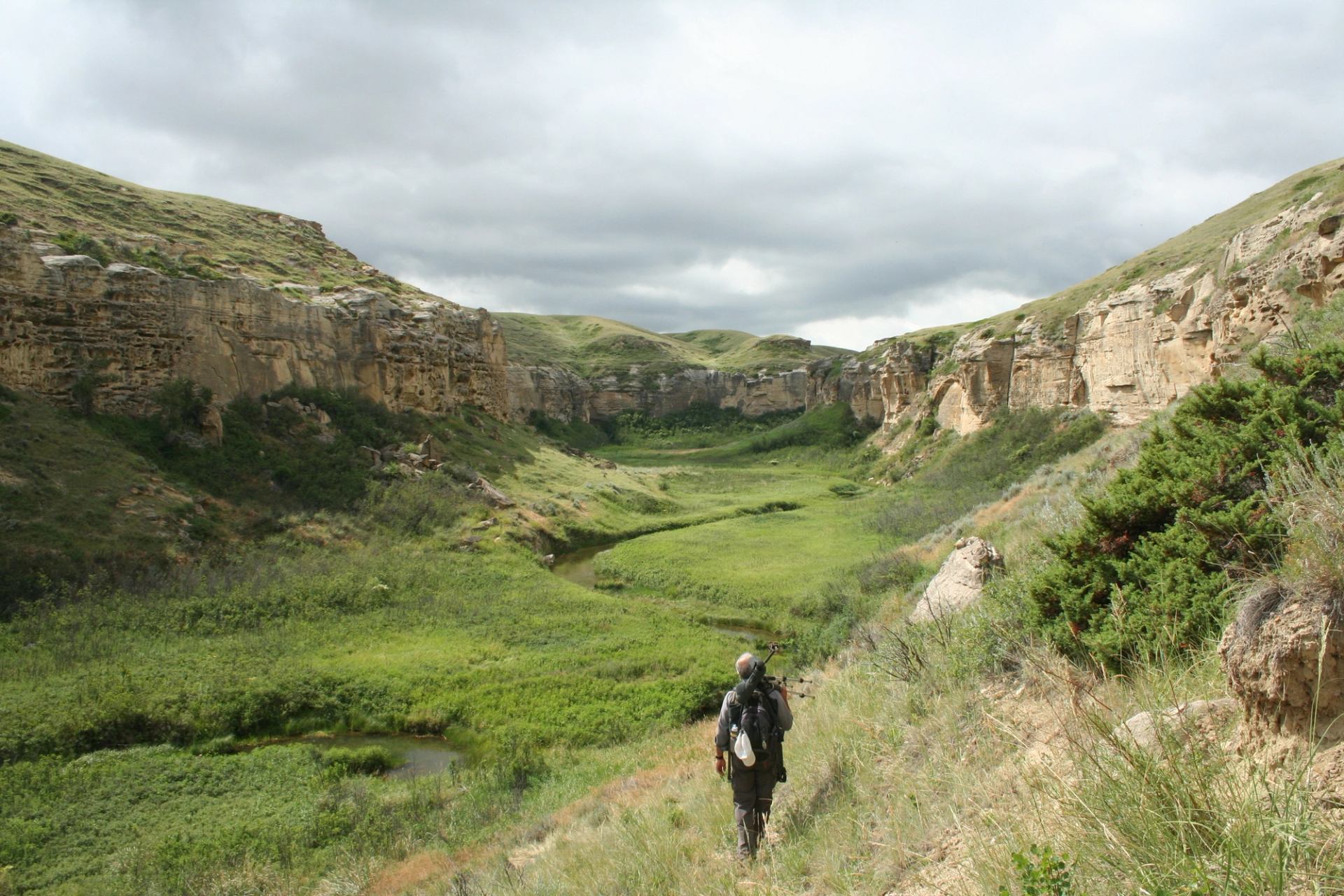 Person hiking through a grassy valley with cliffs