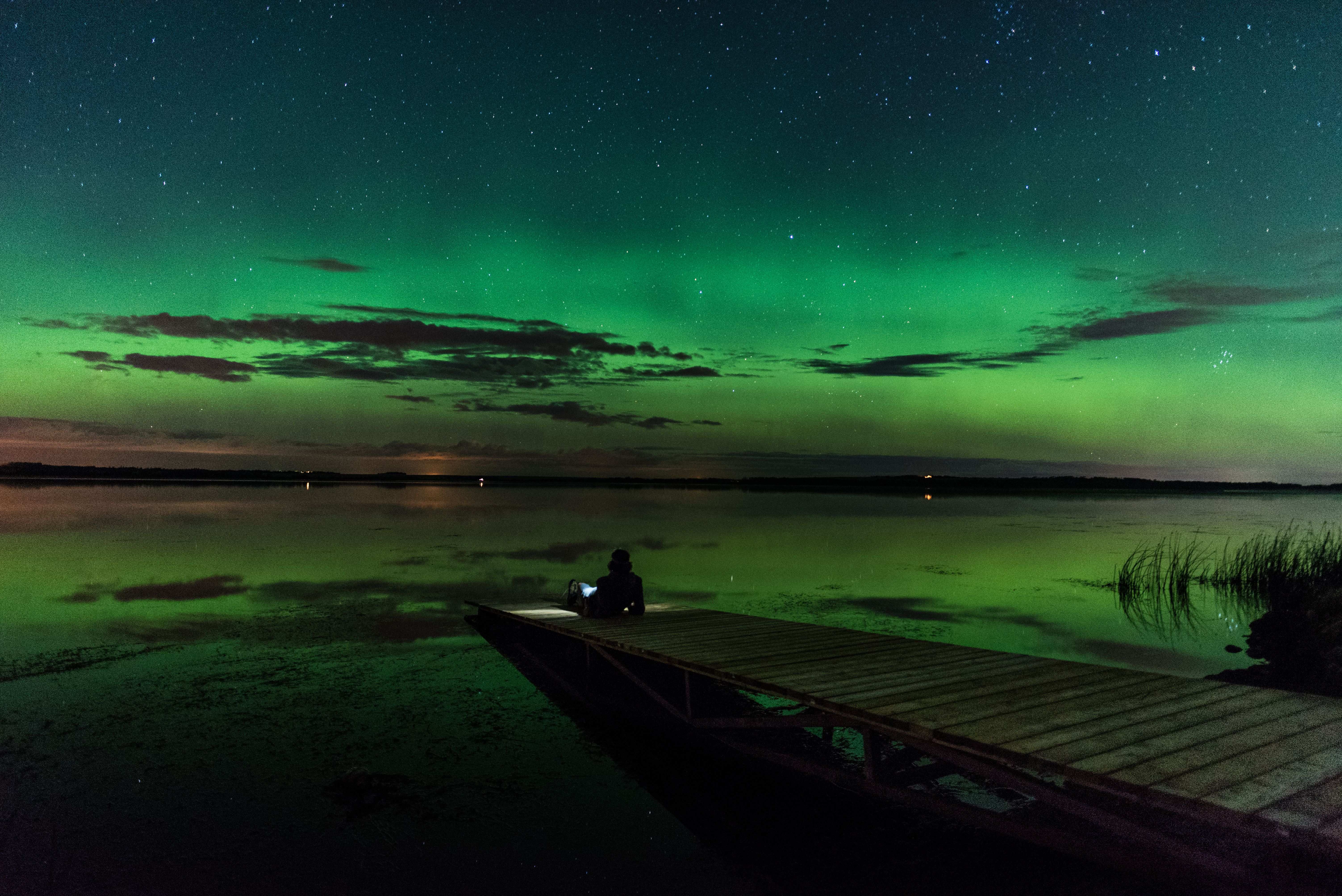 Person looking at the northern lights over Saskatoon Lake