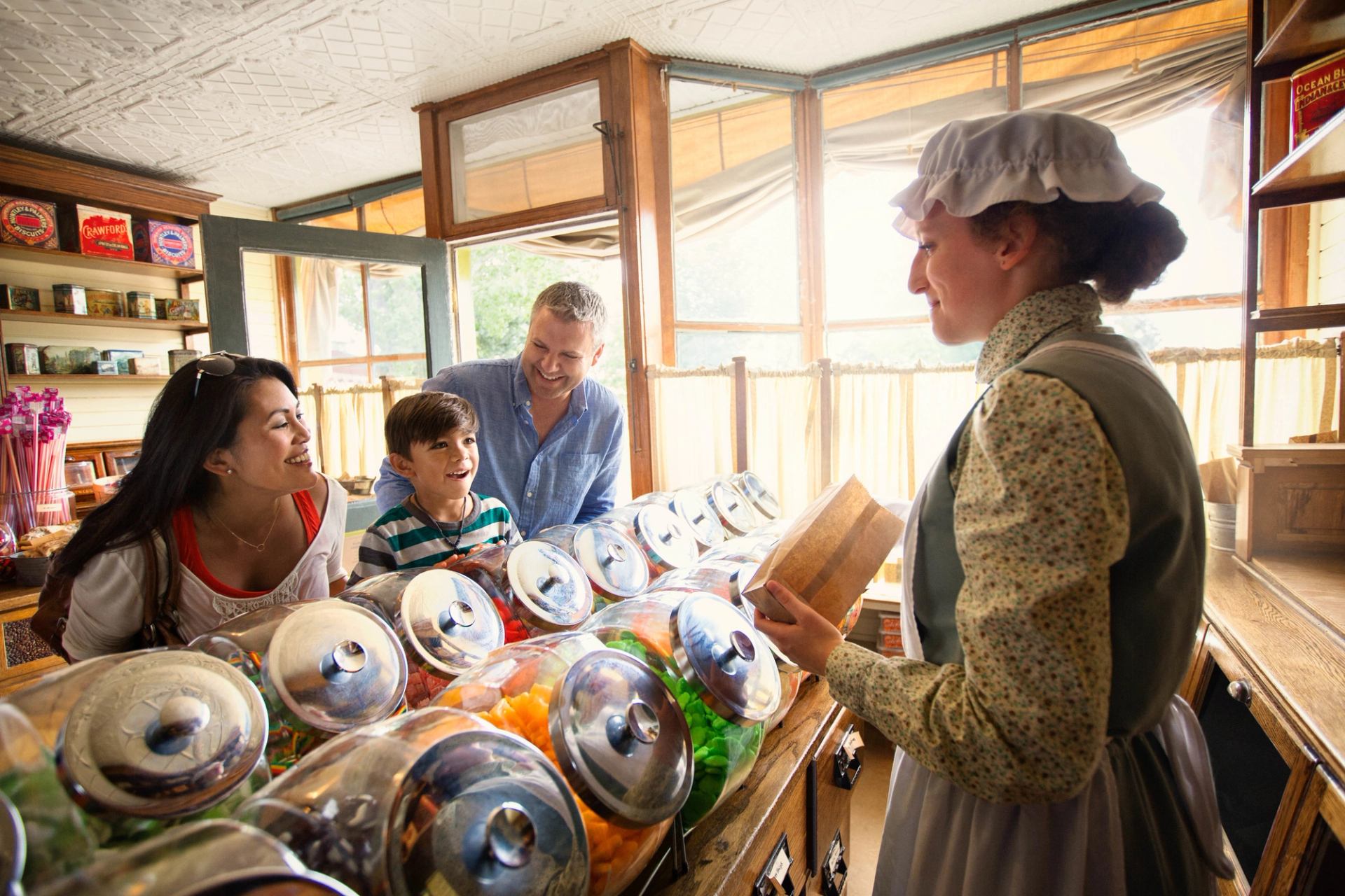 Family inside candy shop at Heritage Park