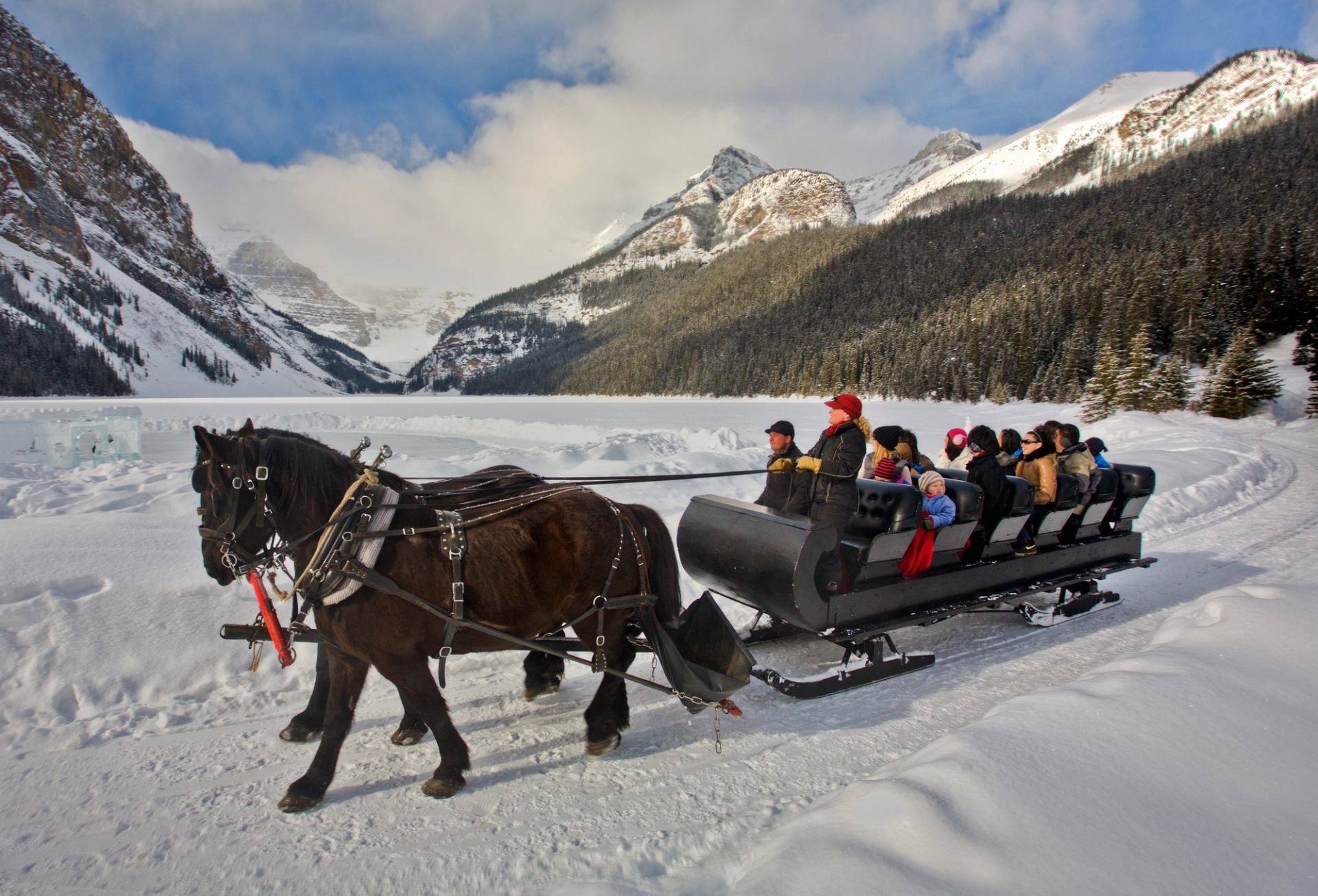 A group of people enjoy a horse drawn sleigh ride in Lake Louise on a blue sky winter day.