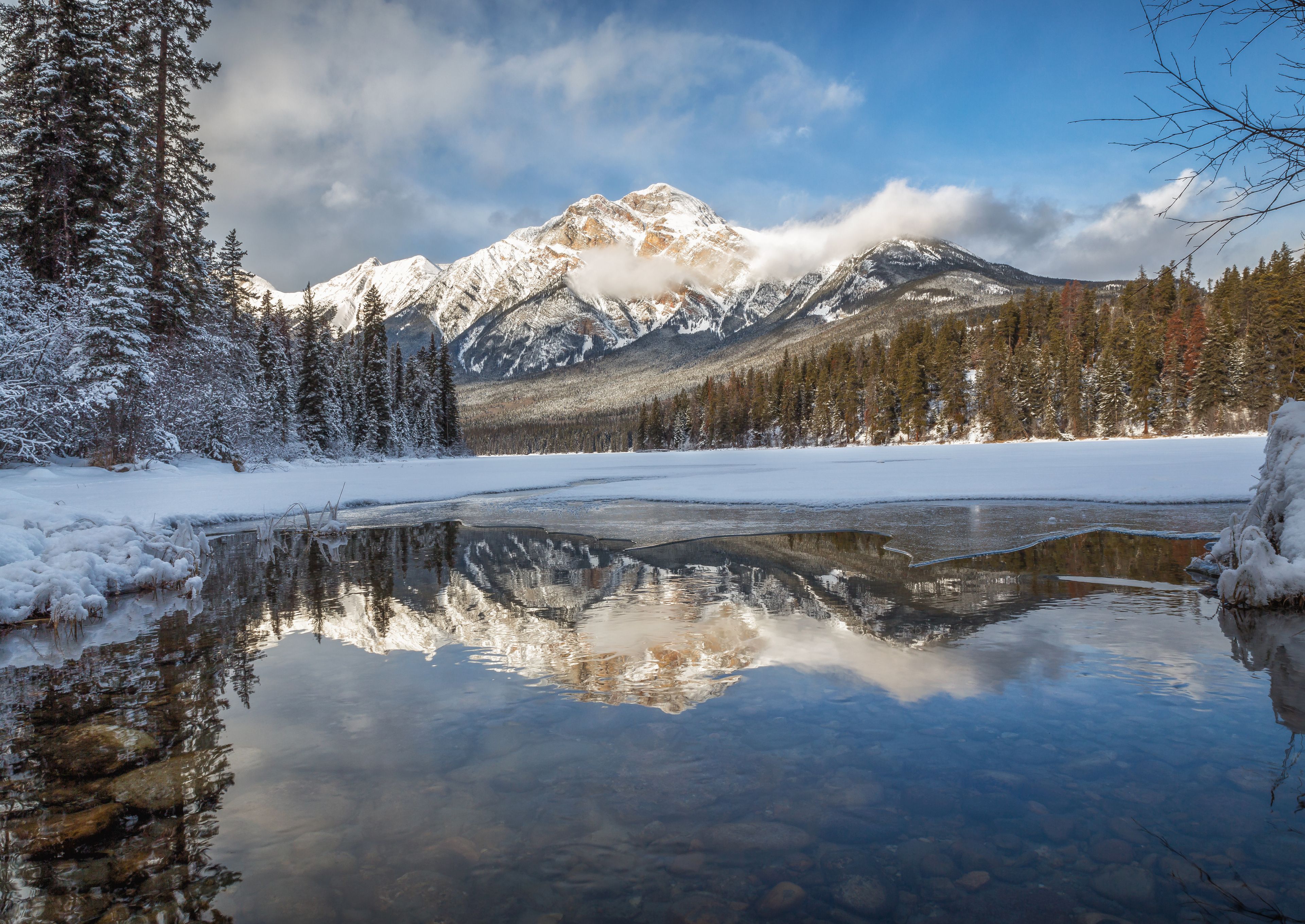 Winter scenic of Pyramid Lake in Jasper National Park.