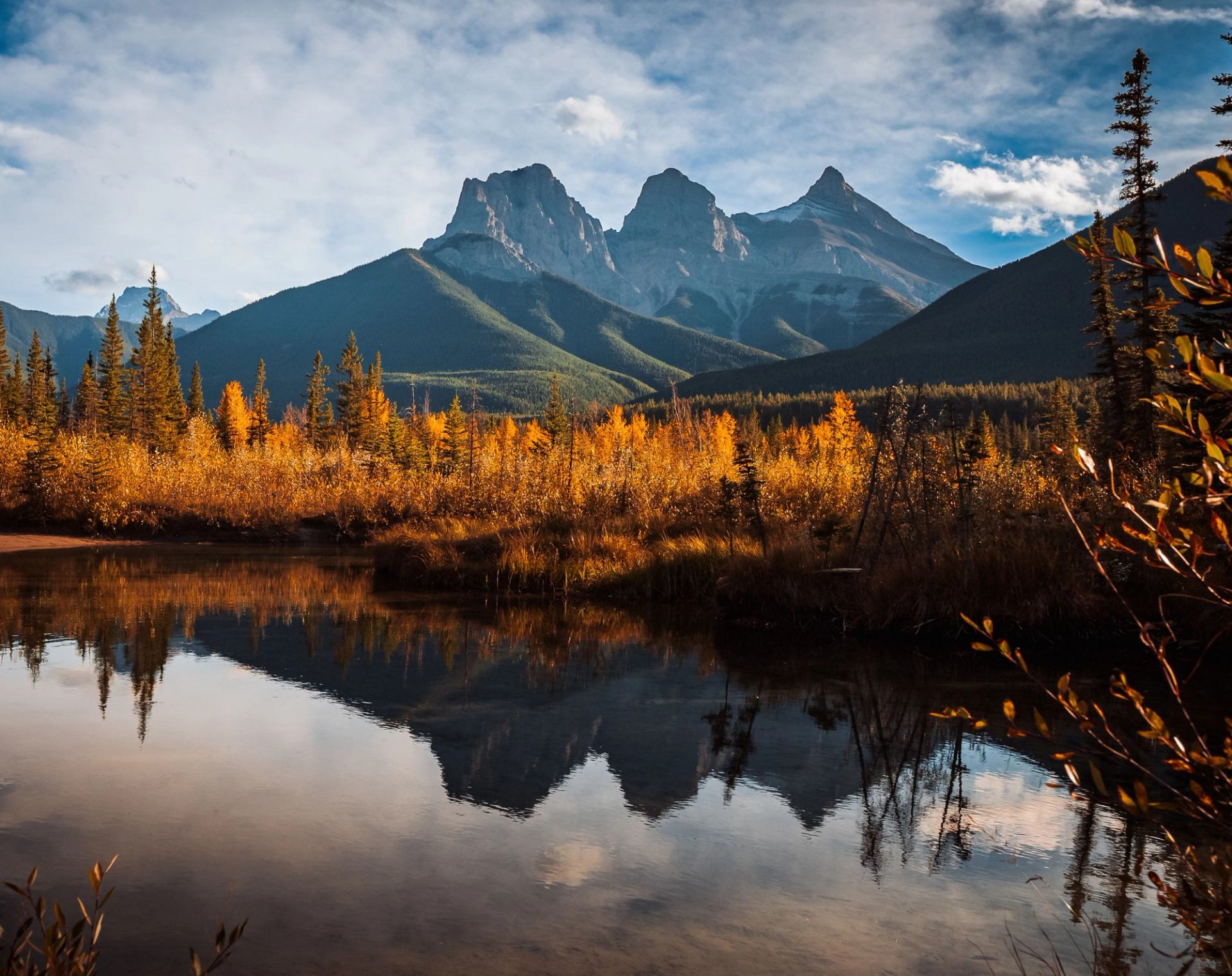 A mountain and golden Larches are reflected in the water at Policeman's Creek Boardwalk in Canmore.