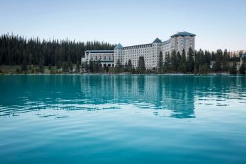 A view of the blue lake at Fairmont Chateau Lake Louise in Banff National Park, Alberta.