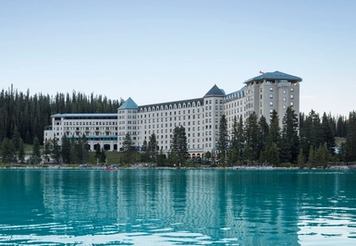 A view of the blue lake at Fairmont Chateau Lake Louise in Banff National Park, Alberta.
