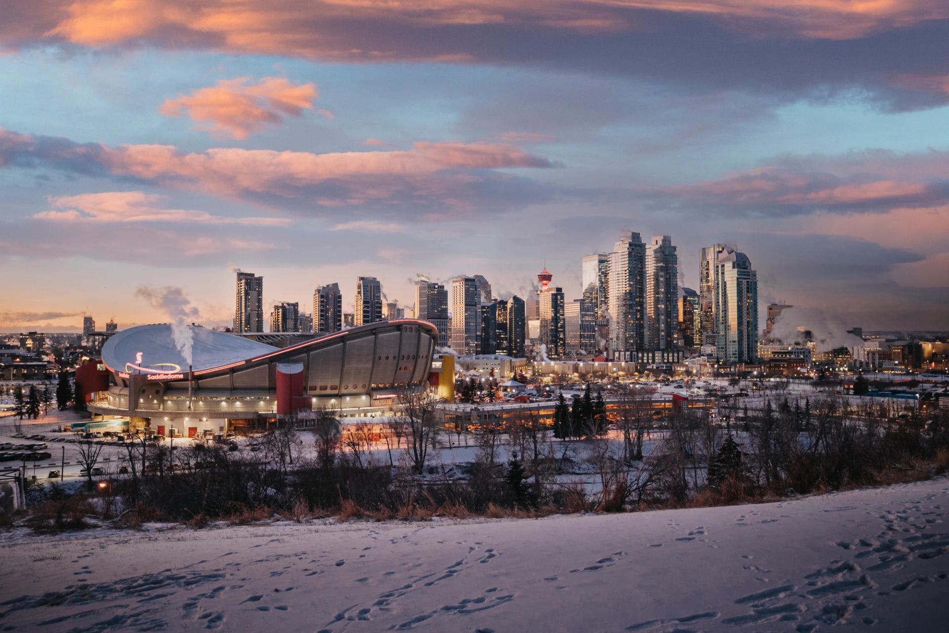 The downtown Calgary skyline as seen from Scotsman's Hill, nearing sunset.