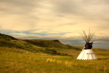 Scenic shot of a tipi in a grass meadow.