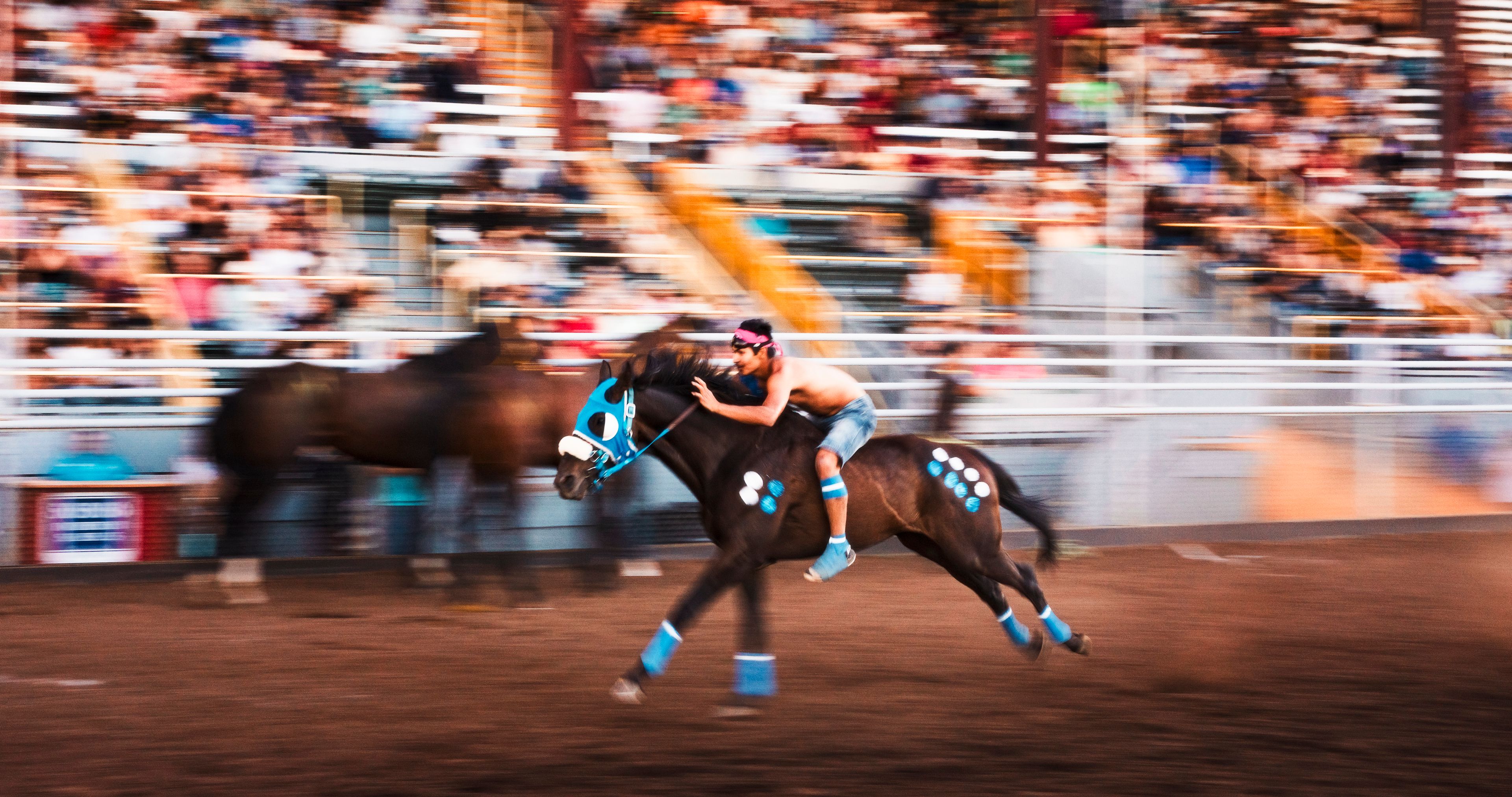 A rider on a horse takes off during an Indian Relay Race, with the crowd blurred behind him.