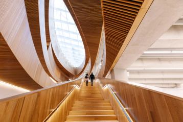 Couple walking up a set of stairs with a curving ceiling and a skylight.