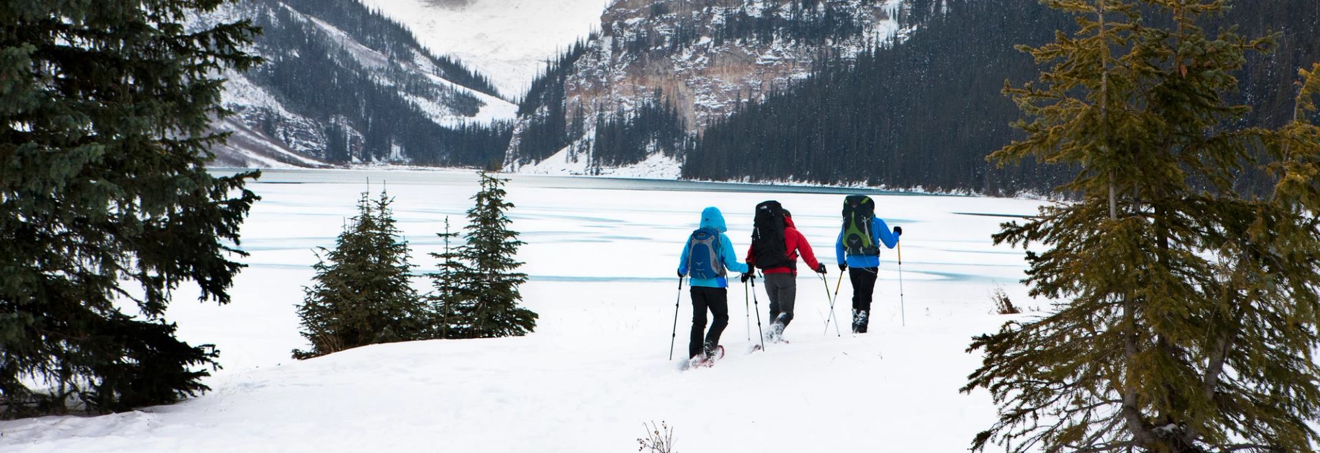 Three people cross country skiing with a fog covered mountain view.