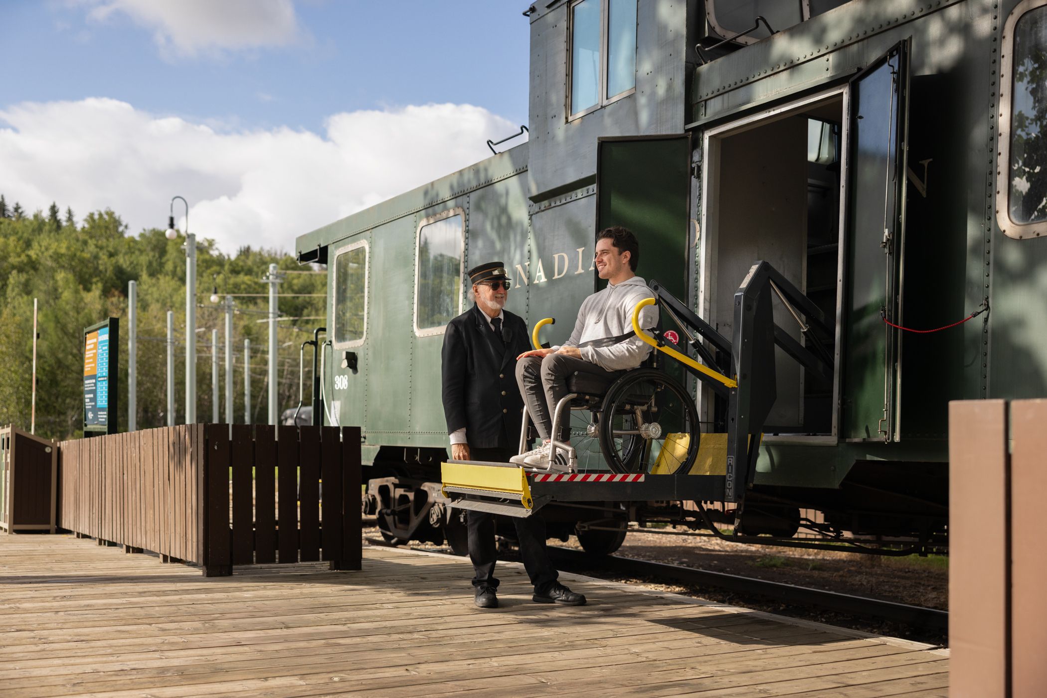 Exploring Fort Edmonton with wheelchair accessibility, taking the historic train with a train attendant