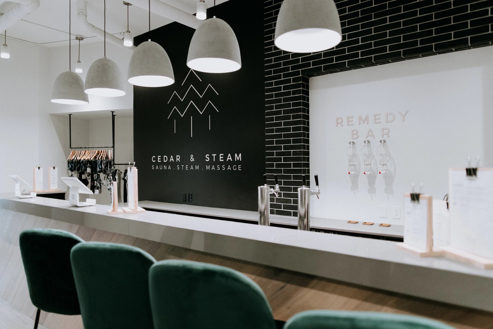 The front desk at Cedar & Steam, a boutique spa in Calgary.