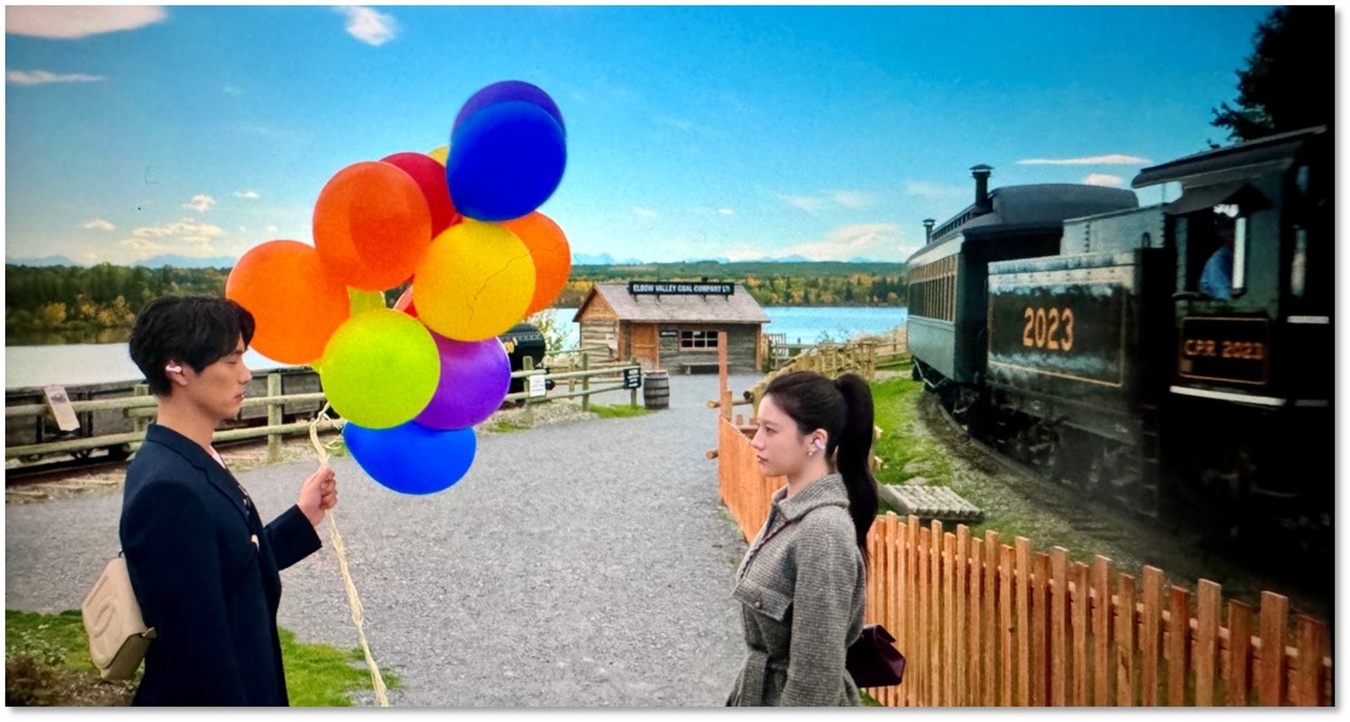 Hiro and Mu-hee face off in a scene shot at Heritage Park in Calgary with a vintage locomotive behind them.