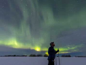 Man cross country skiing looking at the Northern lights in Peace River
