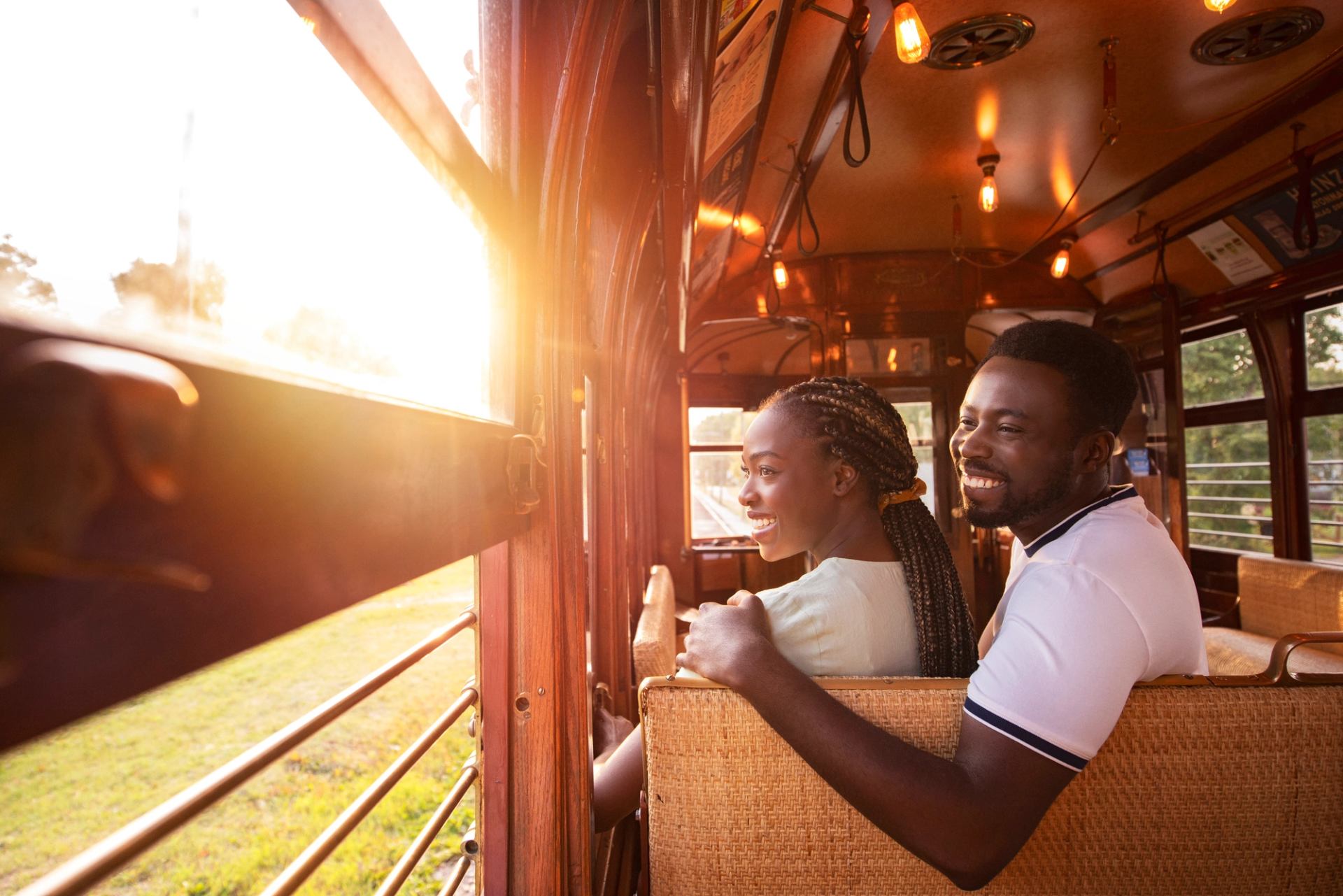 Couple riding on the High Level Bridge Streetcar in Edmonton