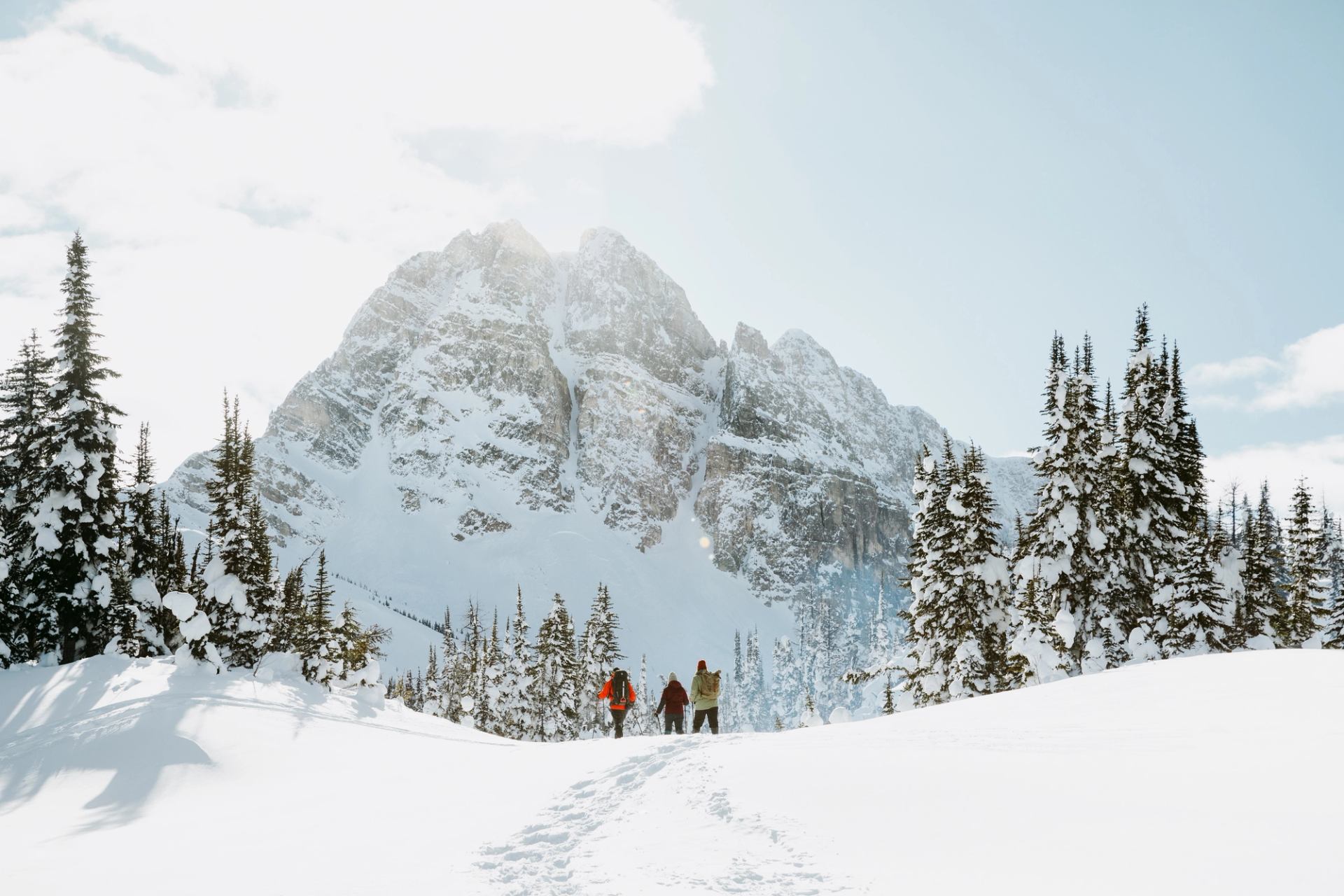 A group of snowshoers out for a winter walk with a mountain in the background.
