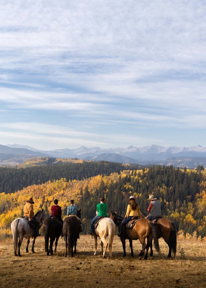 A group of people on a trail ride in the foothills.