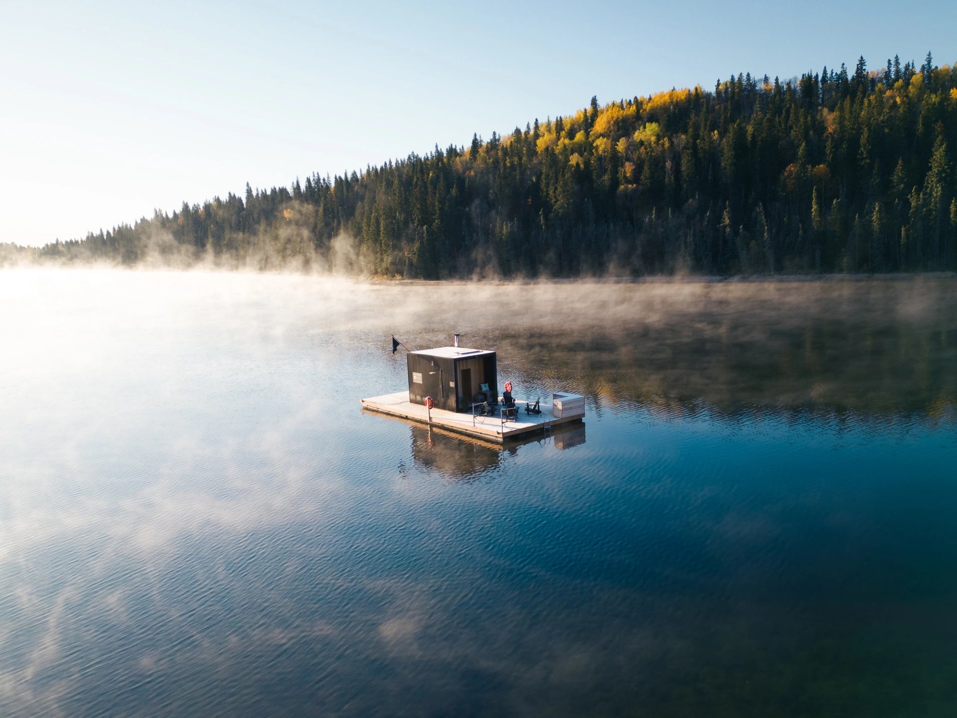 Aerial shot of a floating cabin at Glamp Good in Winfield.