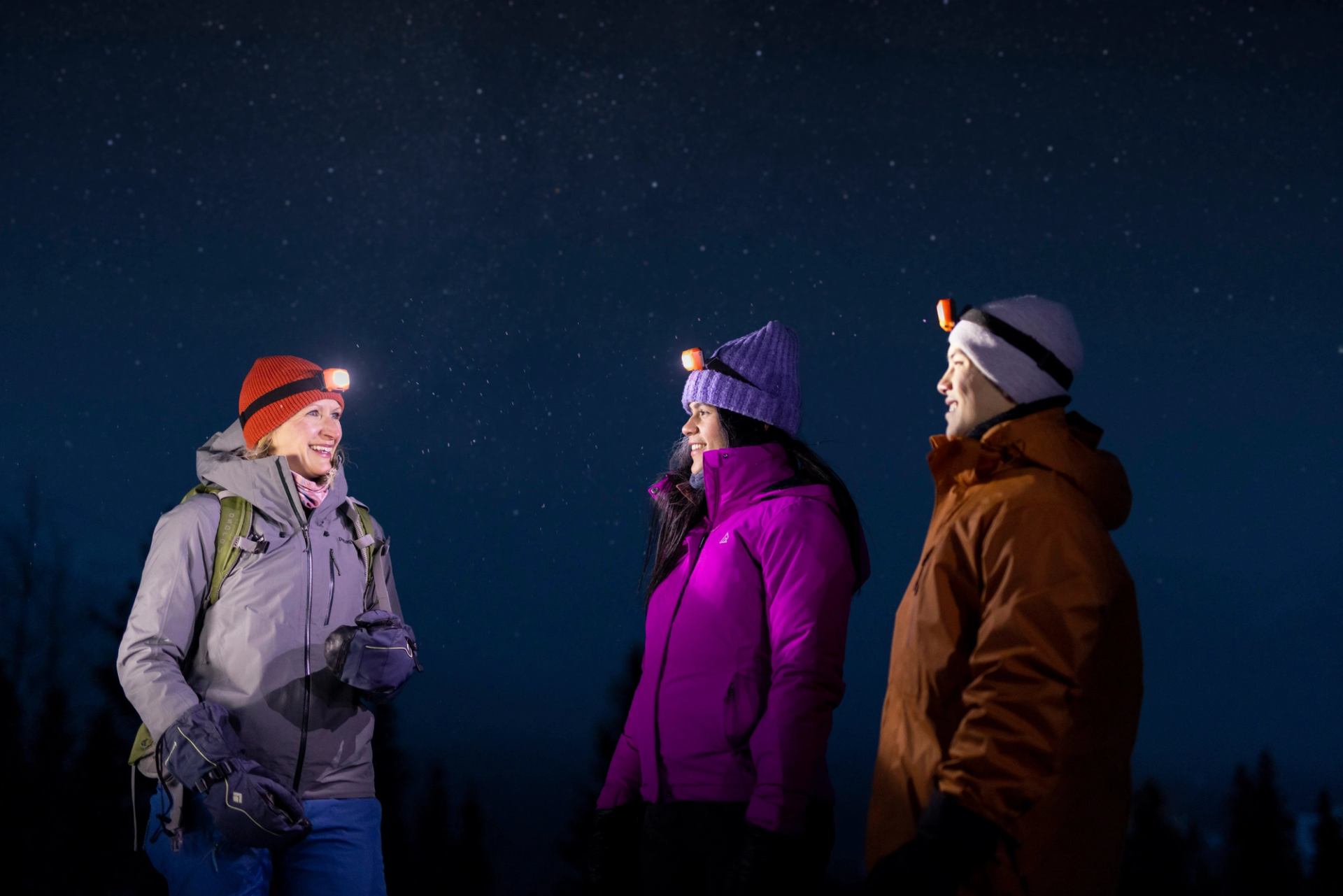 Two visitors and a guide under the stars in Kananaskis.