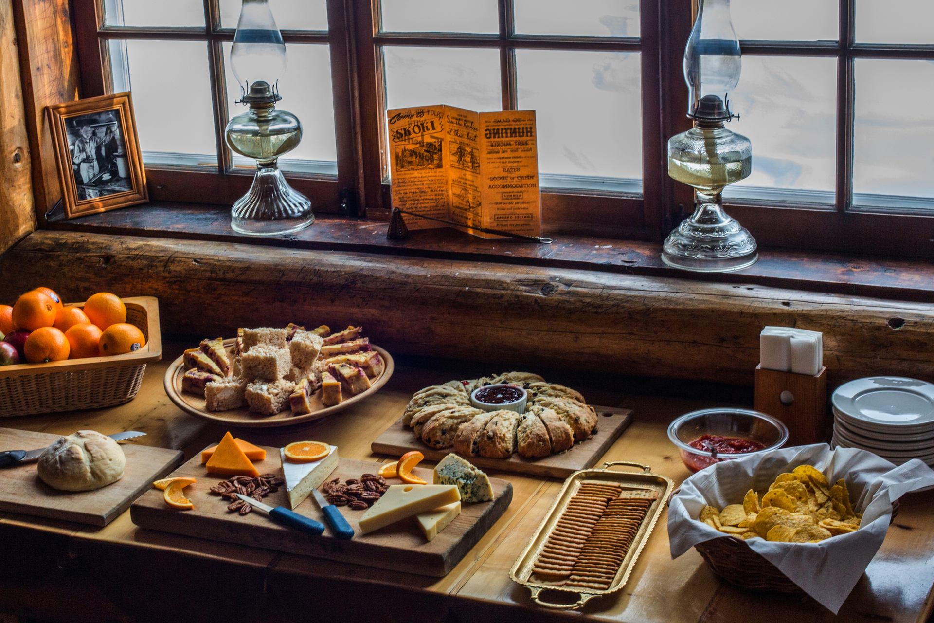 A table of charcuterie at Skoki Lodge in Banff National Park.