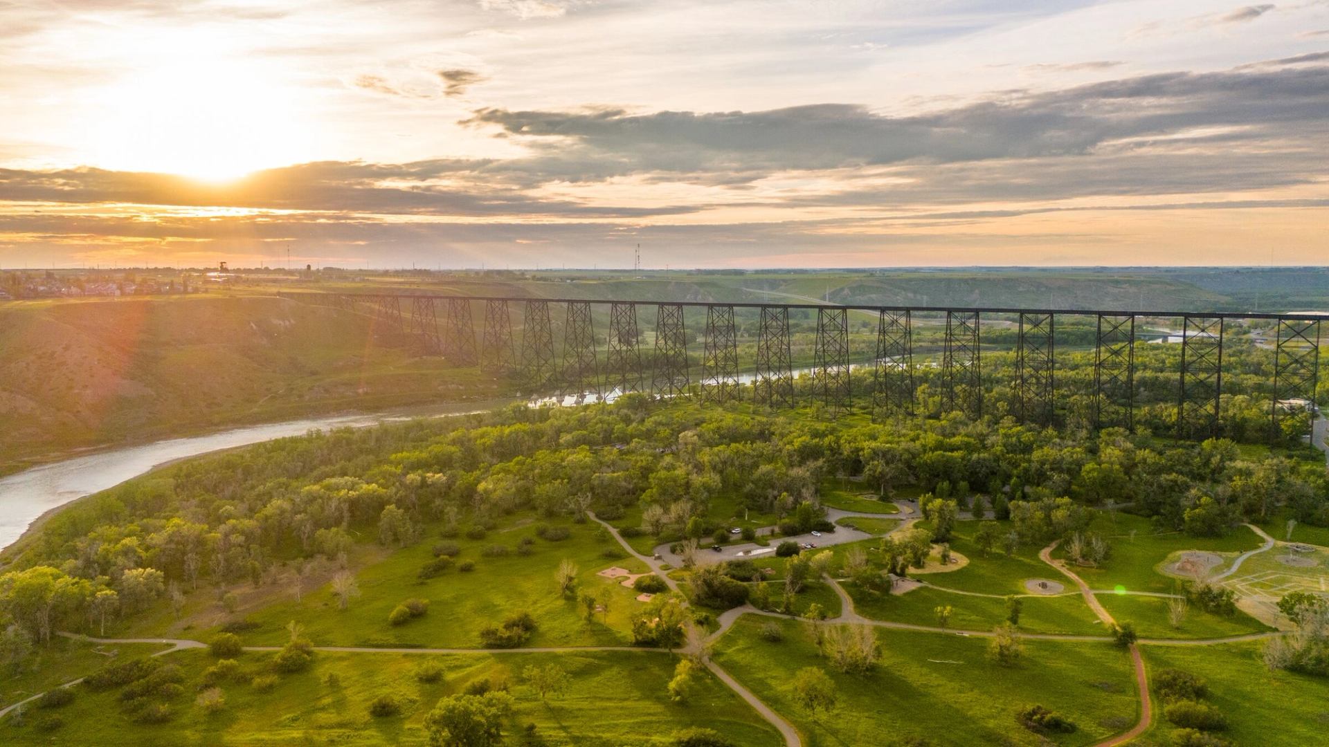 An aerial shot of Lethbridge Viaduct/High Level Bridge.