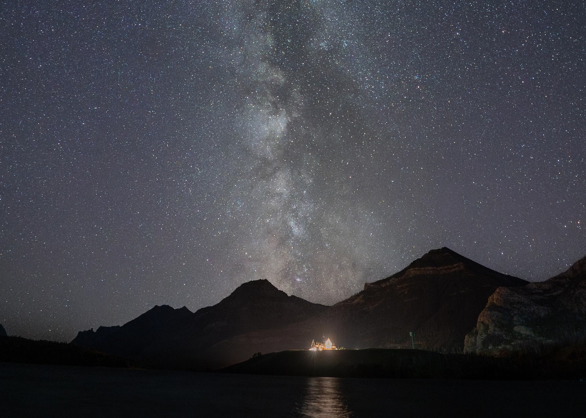 Astrophotography of Milky Way over Prince of Wales Hotel.