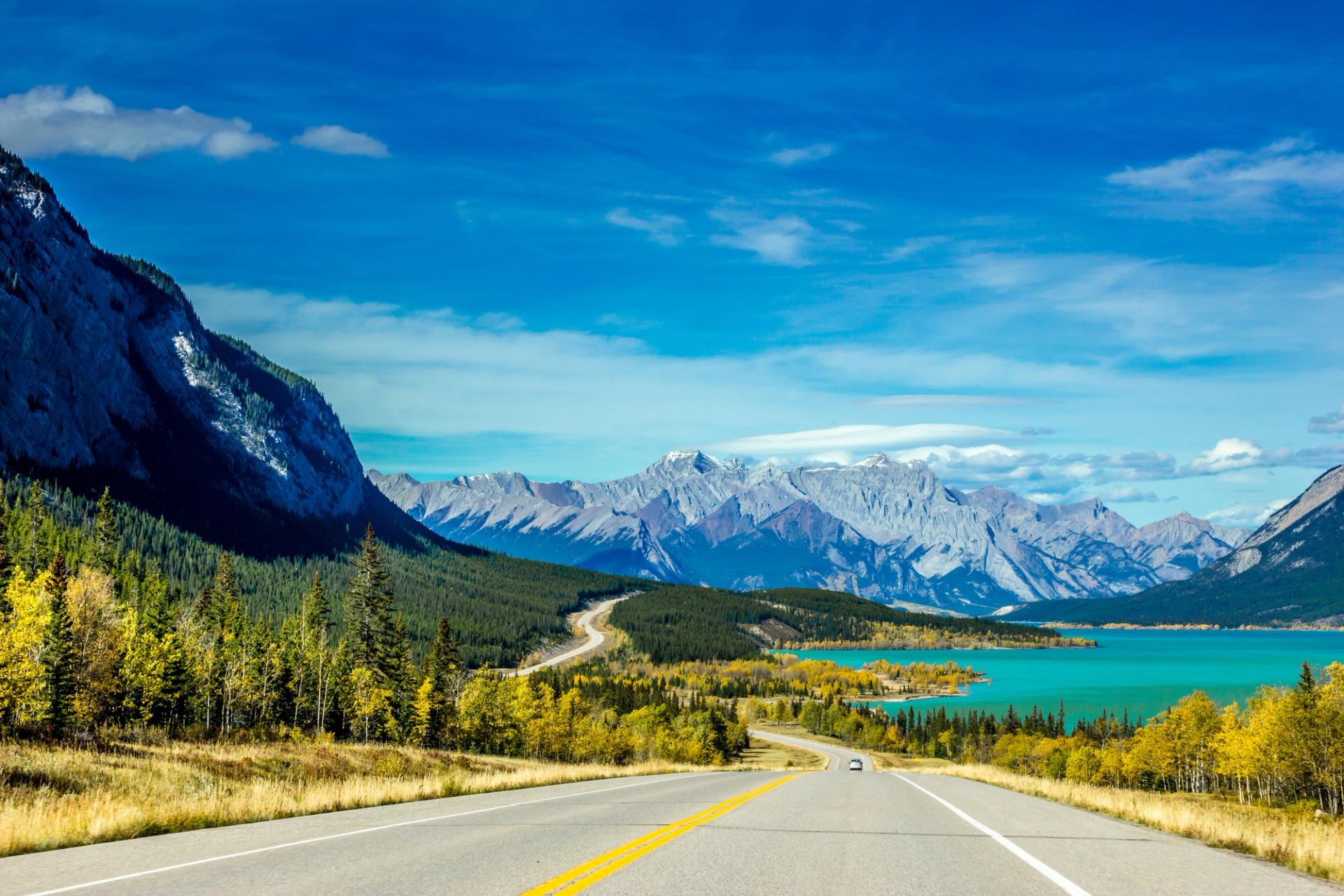 View of Abraham Lake and Allstone Peak from the David Thompson Highway in the Rocky Mountains near Nordegg.