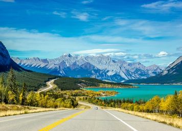 View of Abraham Lake and Allstone Peak from the David Thompson Highway in the Rocky Mountains near Nordegg.