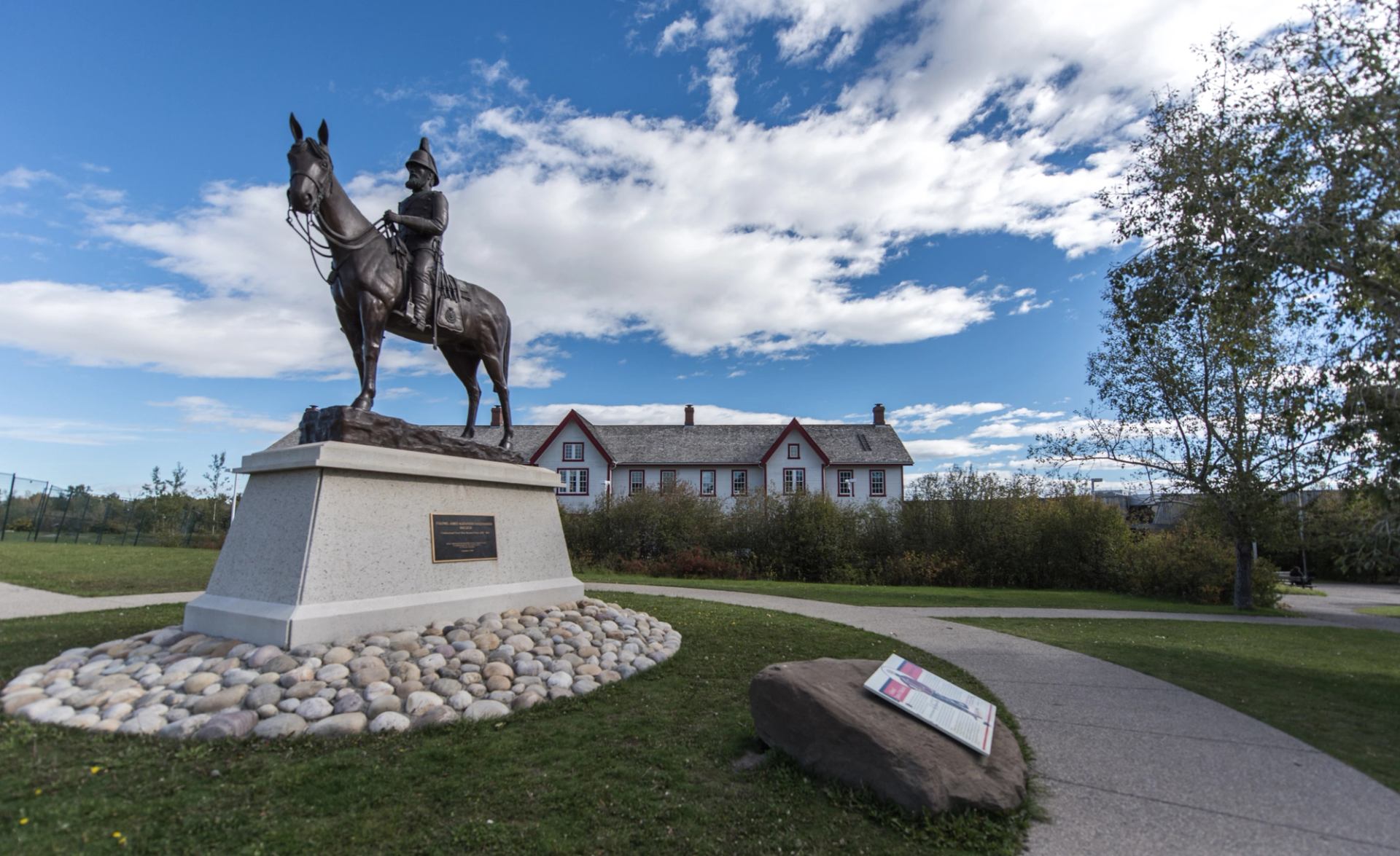 Statue of a horse and rider at Fort Calgary.