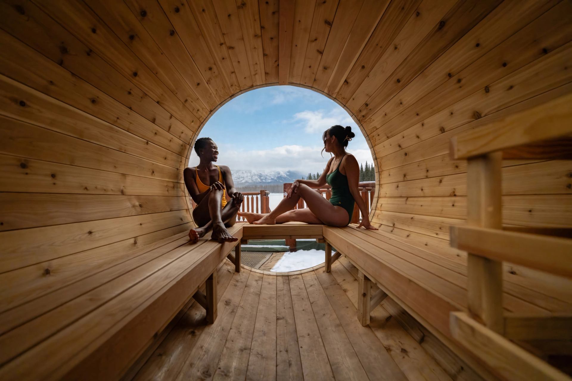 Two women chat in a barrel sauna with an alpine lake and mountain view out the window