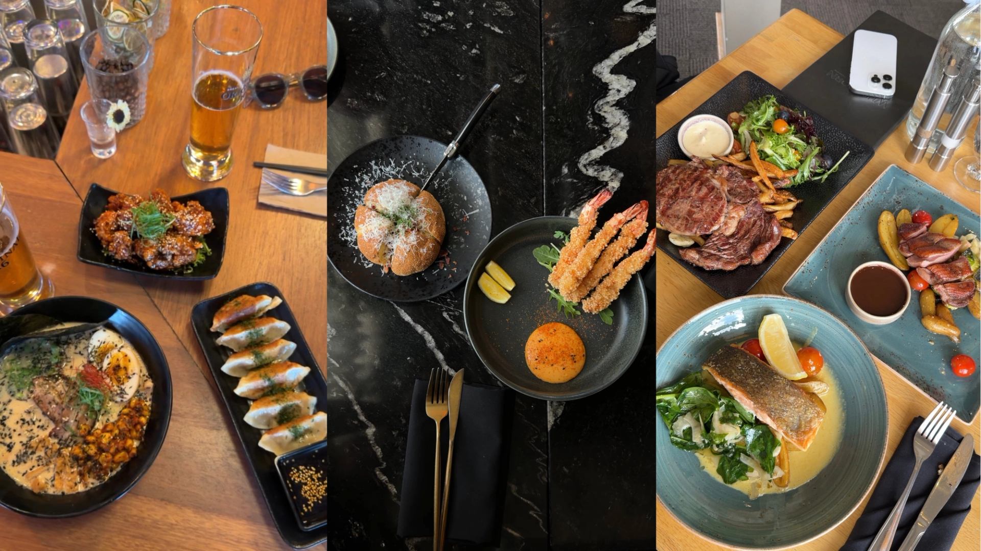 Three images of upscale casual dining, including ramen, dumplings, steam, salmon and more.