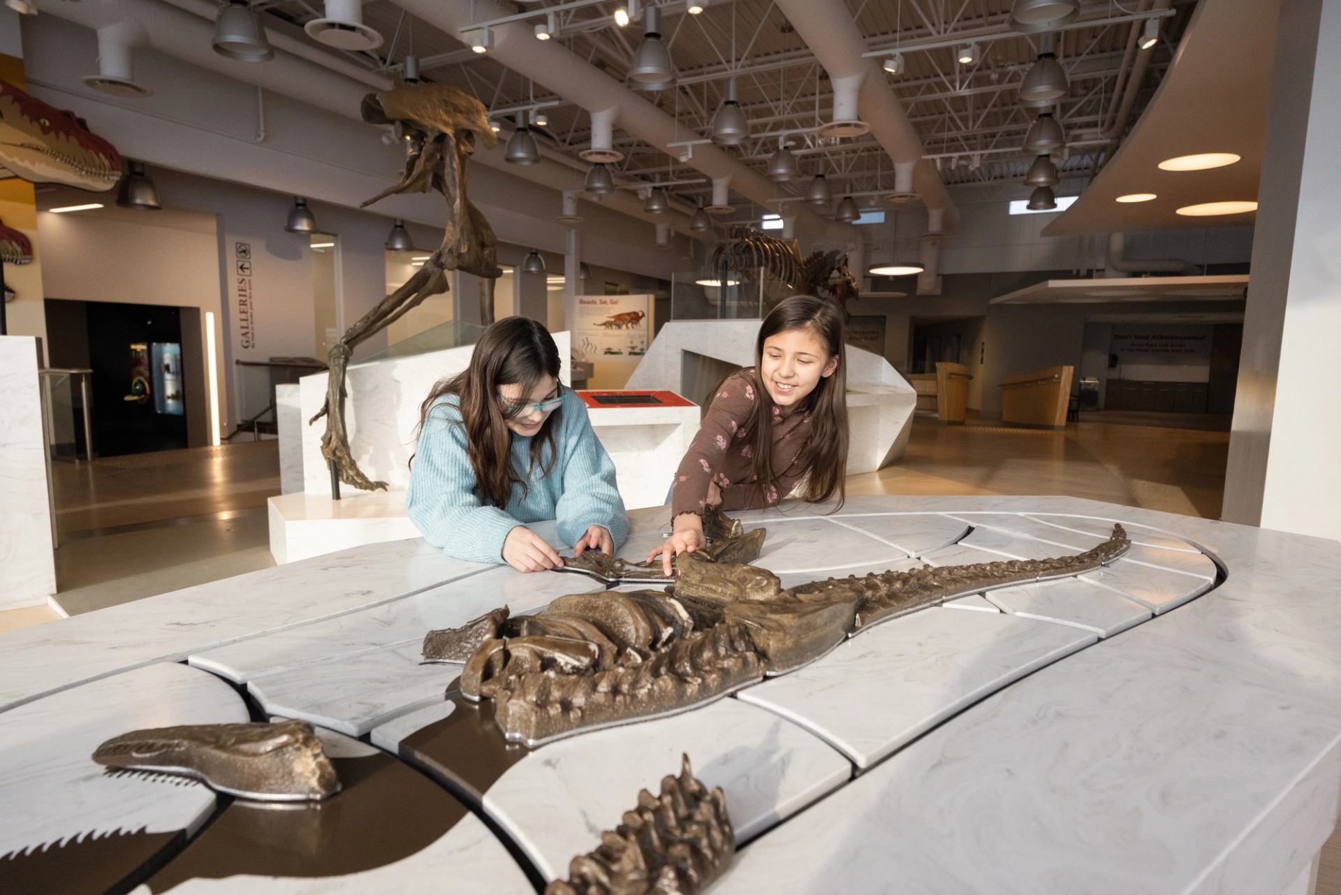 Two children working on a dinosaur puzzle game at the Royal Tyrrell Museum.