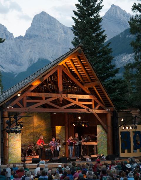 Band playing on stage at Big Horn Sheep Canmore Folk Music Festival