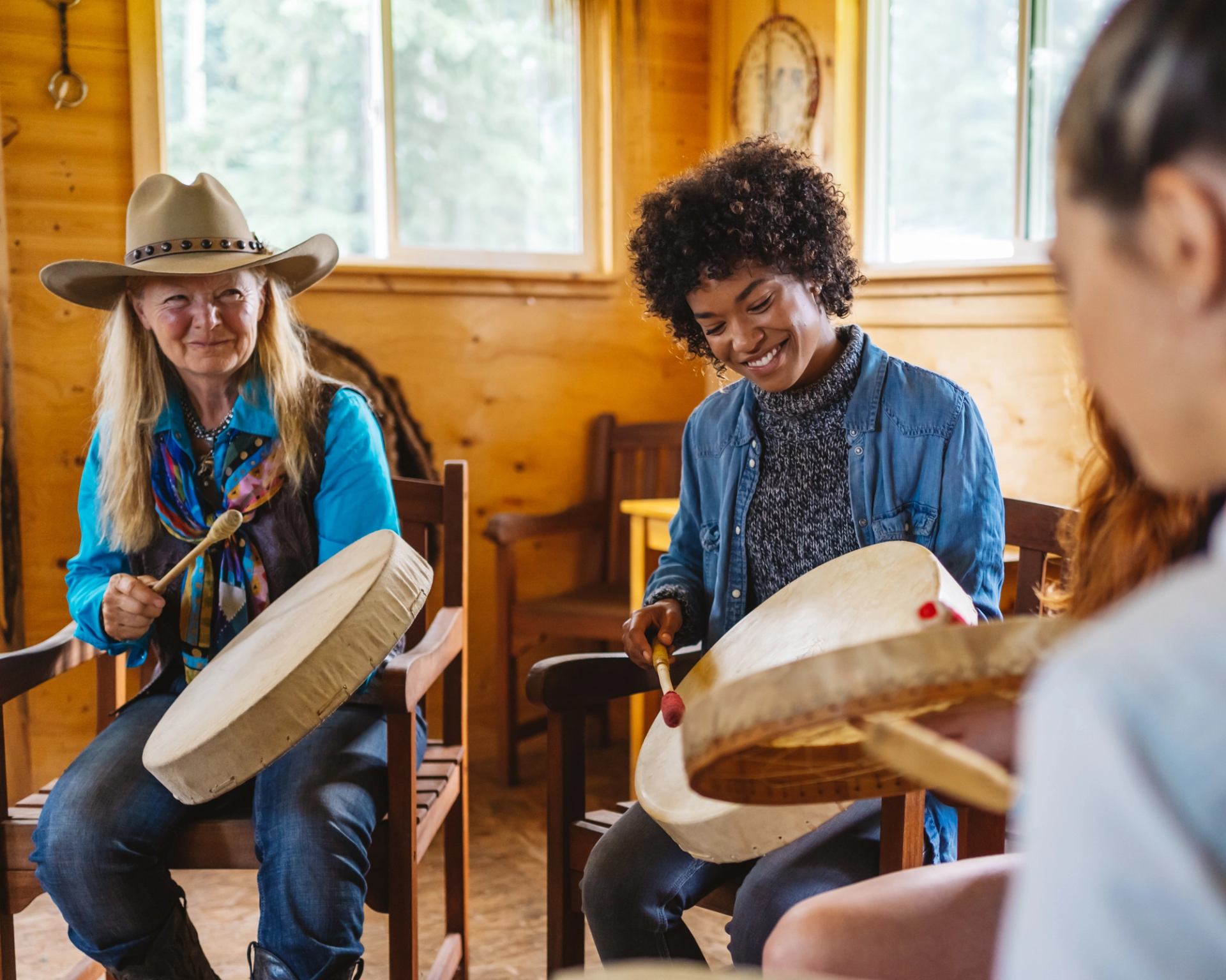 People learning to drum at Wildhorse Ranch.