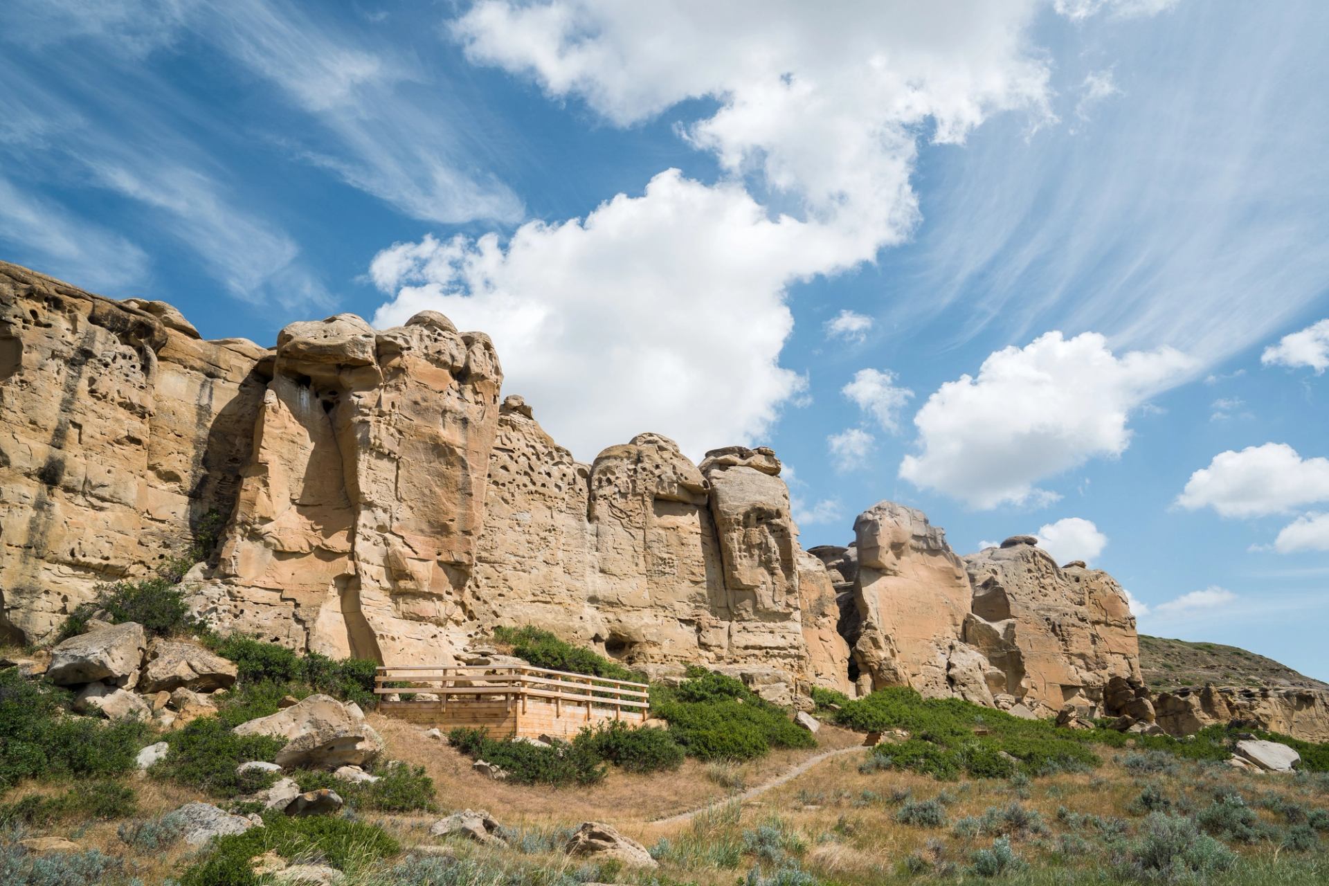 Rock formations, hoodoos and observation area at Writing-on-Stone Provincial Park in Southern Alberta