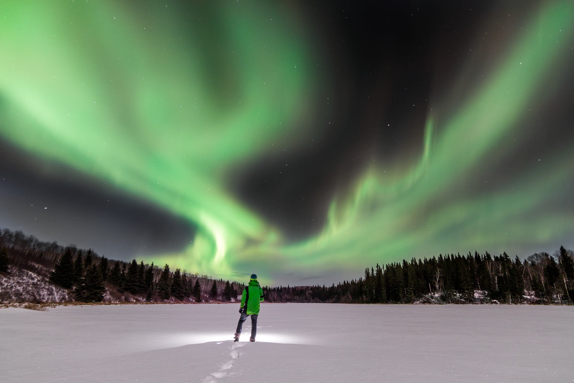 Person standing in a snowy field watching the northern lights in Cold Lake.